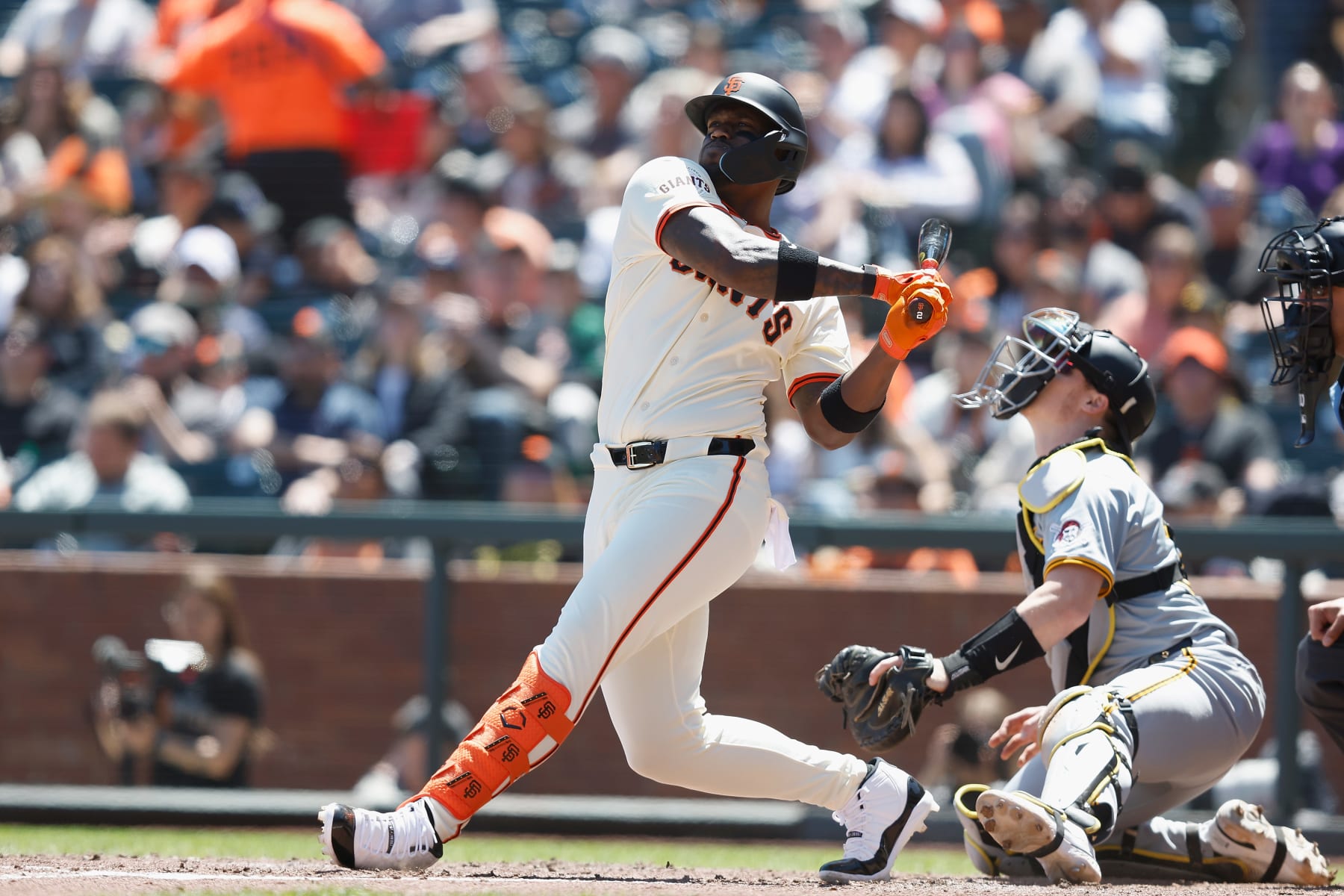 SAN FRANCISCO, CALIFORNIA - APRIL 28: Jorge Soler #2 of the San Francisco Giants at bat against the Pittsburgh Pirates at Oracle Park on April 28, 2024 in San Francisco, California. (Photo by Lachlan Cunningham/Getty Images)