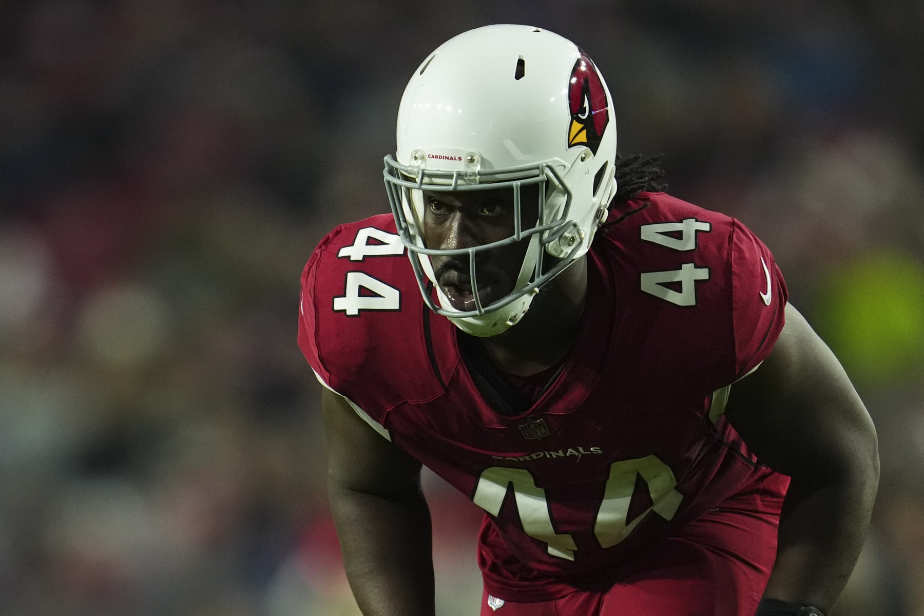 GLENDALE, AZ - DECEMBER 12: Markus Golden #44 of the Arizona Cardinals gets set against the New England Patriots at State Farm Stadium on December 12, 2022 in Glendale, Arizona. (Photo by Cooper Neill/Getty Images)