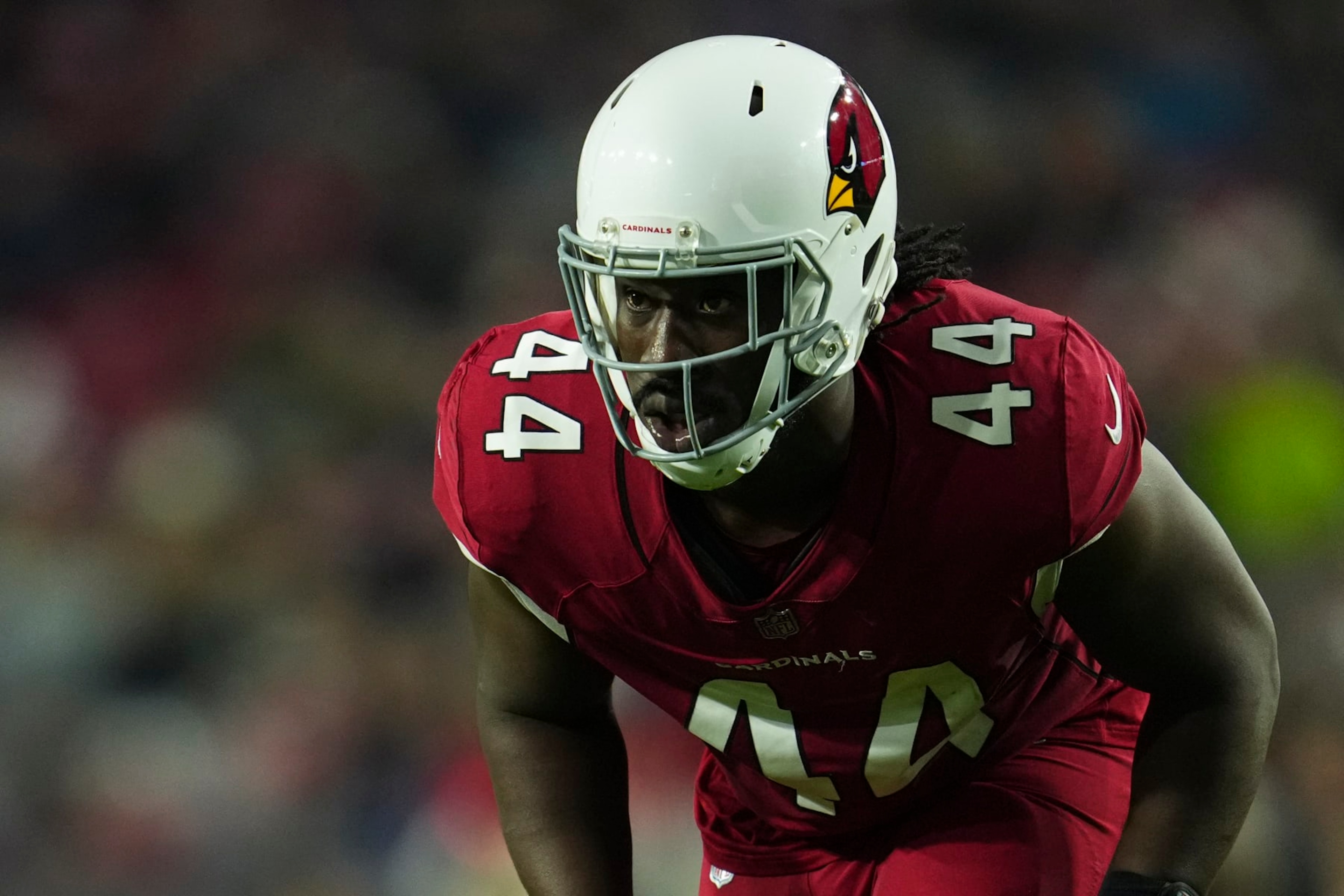 GLENDALE, AZ - DECEMBER 12: Markus Golden #44 of the Arizona Cardinals gets set against the New England Patriots at State Farm Stadium on December 12, 2022 in Glendale, Arizona. (Photo by Cooper Neill/Getty Images) GLENDALE, AZ - DECEMBER 12: Markus Golden #44 of the Arizona Cardinals gets set against the New England Patriots at State Farm Stadium on December 12, 2022 in Glendale, Arizona. (Photo by Cooper Neill/Getty Images)
