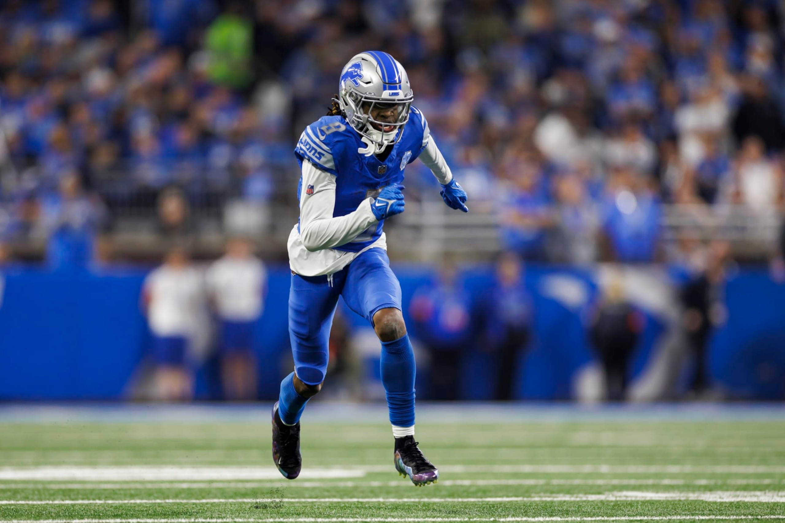 DETROIT, MICHIGAN - JANUARY 14: Jameson Williams #9 of the Detroit Lions runs a route during an NFC Wild Card Playoff football game against the Los Angeles Rams at Ford Field on January 14, 2024 in Detroit, Michigan. (Photo by Ryan Kang/Getty Images)