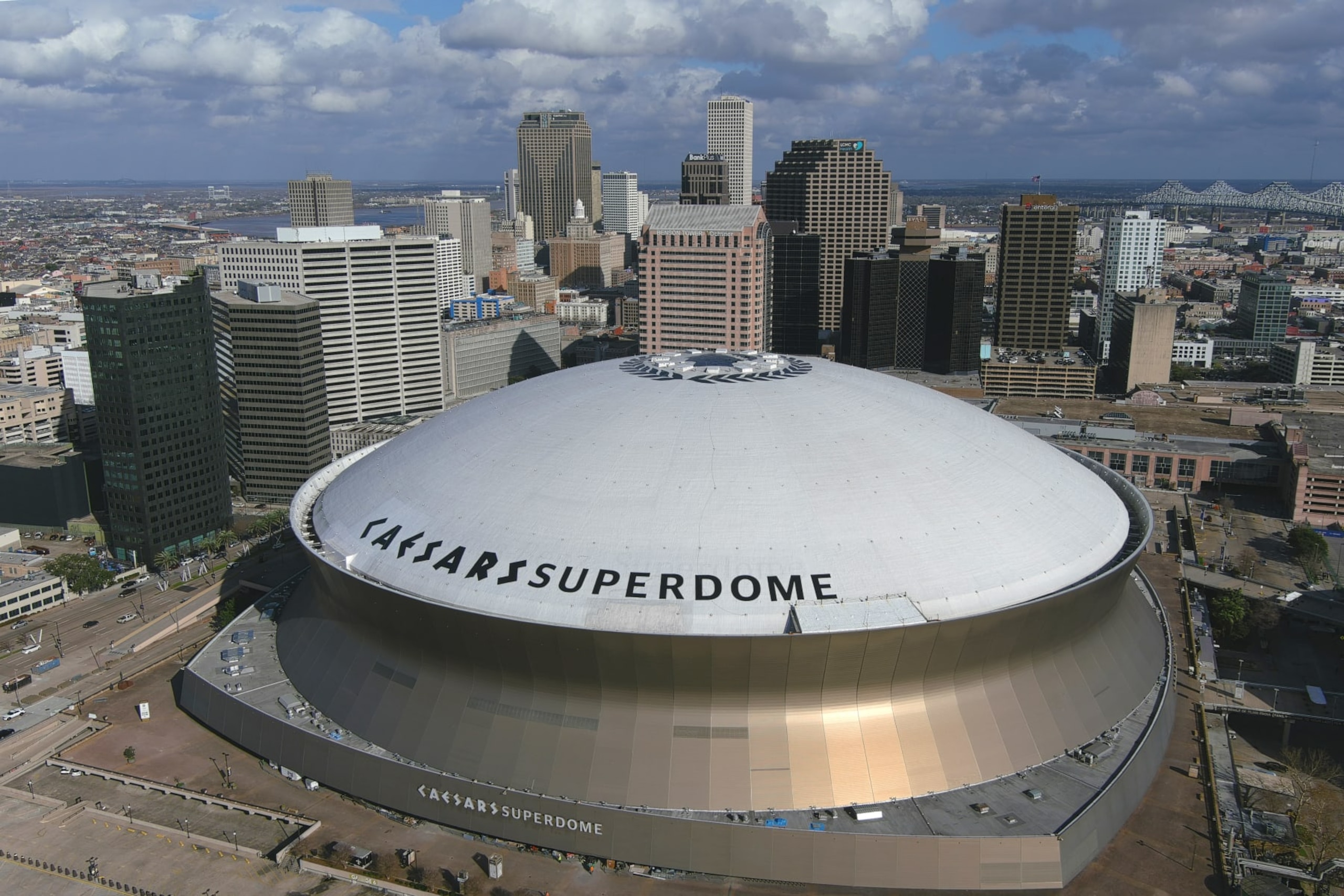 NEW ORLEANS, LOUISIANA - FEBRUARY 22: A general overall aerial view of the Caesars Superdome on February 22, 2024 in New Orleans, Louisiana. (Photo by Kirby Lee/Getty Images)
