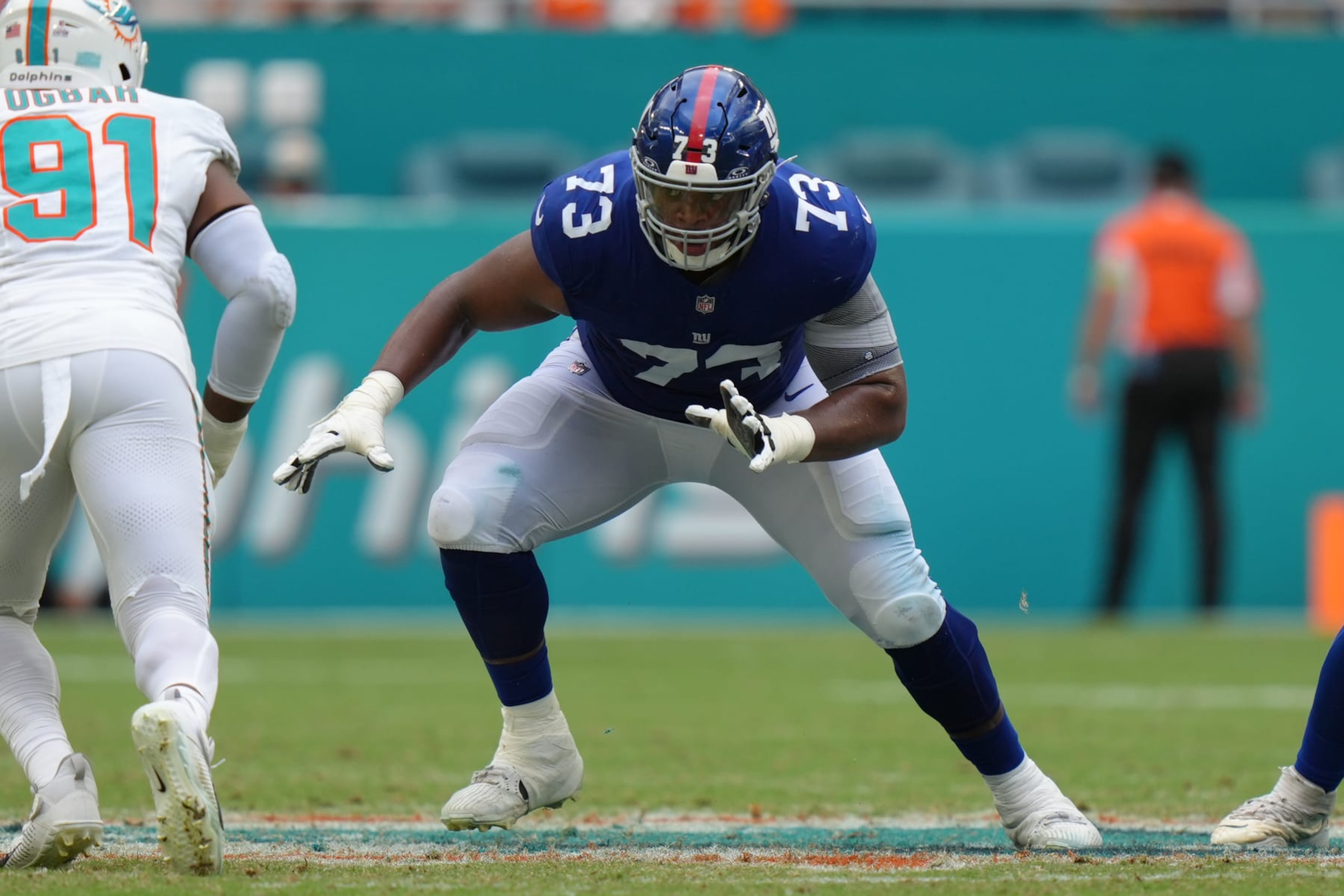 MIAMI GARDENS, FL - OCTOBER 08: New York Giants offensive tackle Evan Neal (73) looks to make a block during the game between the New York Giants and the Miami Dolphins on Sunday, October 8, 2023 at Hard Rock Stadium, Miami Gardens, Fla. (Photo by Peter Joneleit/Icon Sportswire via Getty Images) MIAMI GARDENS, FL - OCTOBER 08: New York Giants offensive tackle Evan Neal (73) looks to make a block during the game between the New York Giants and the Miami Dolphins on Sunday, October 8, 2023 at Hard Rock Stadium, Miami Gardens, Fla. (Photo by Peter Joneleit/Icon Sportswire via Getty Images)