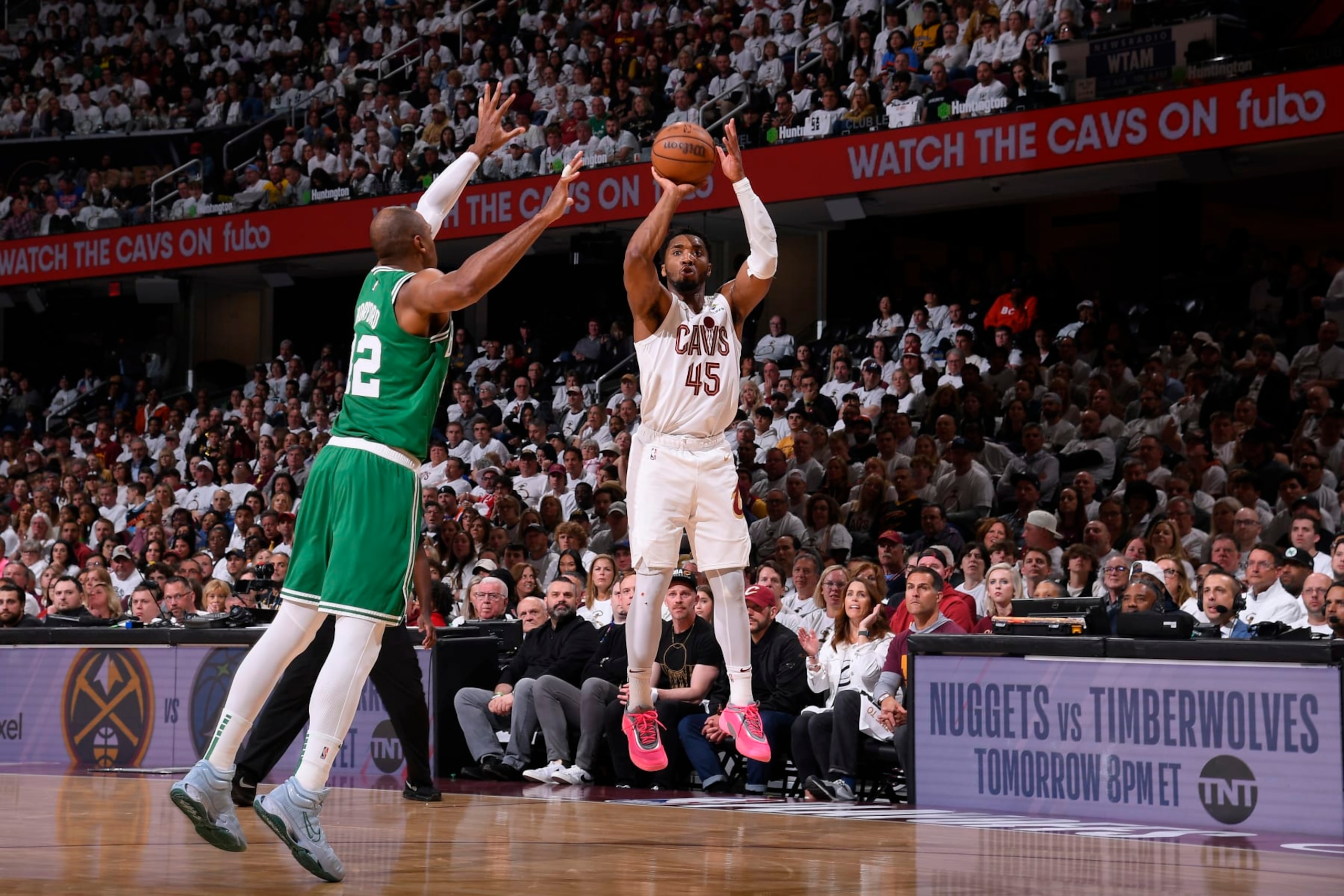 CLEVELAND, OH - MAY 11: Donovan Mitchell #45 of the Cleveland Cavaliers shoots the ball during the game  against the Boston Celtics during Round 2 Game 3 of the 2024 NBA Playoffs on May 11, 2024 at Rocket Mortgage FieldHouse in Cleveland, Ohio. NOTE TO USER: User expressly acknowledges and agrees that, by downloading and/or using this Photograph, user is consenting to the terms and conditions of the Getty Images License Agreement. Mandatory Copyright Notice: Copyright 2024 NBAE (Photo by Brian Babineau/NBAE via Getty Images)