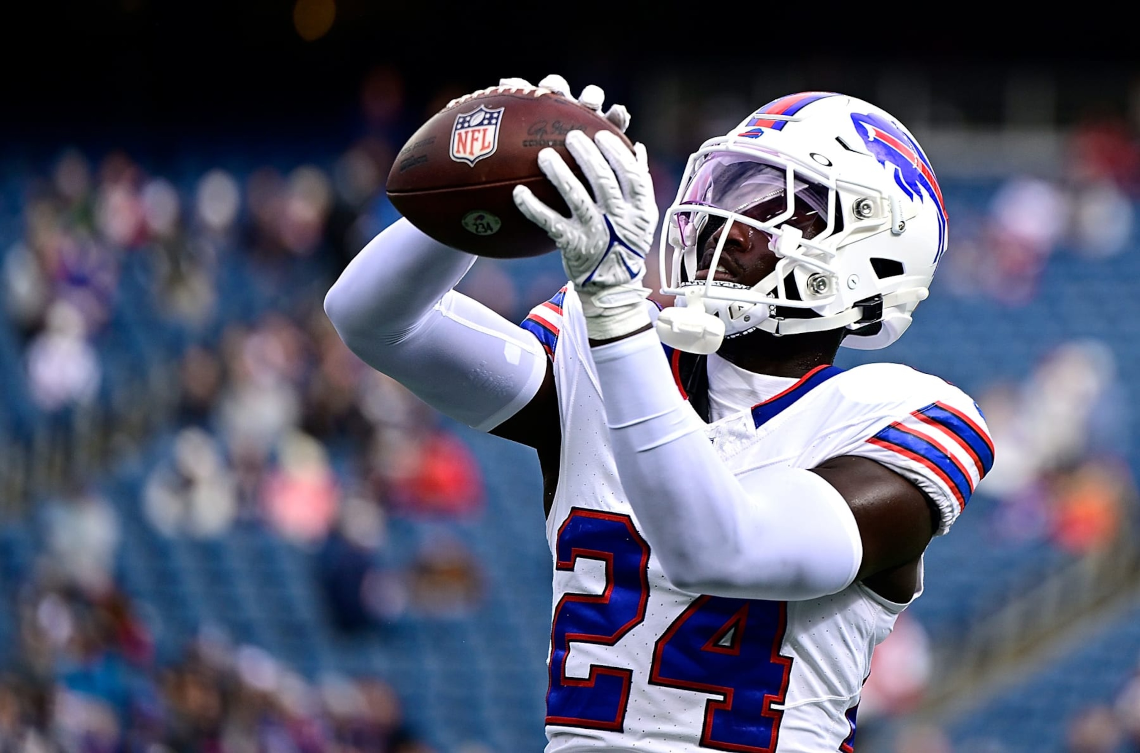 FOXBOROUGH, MASSACHUSETTS - OCTOBER 22: Kaiir Elam #24 of the Buffalo Bills warms up before the game against the New England Patriots at Gillette Stadium on October 22, 2023 in Foxborough, Massachusetts. (Photo by Billie Weiss/Getty Images) FOXBOROUGH, MASSACHUSETTS - OCTOBER 22: Kaiir Elam #24 of the Buffalo Bills warms up before the game against the New England Patriots at Gillette Stadium on October 22, 2023 in Foxborough, Massachusetts. (Photo by Billie Weiss/Getty Images)