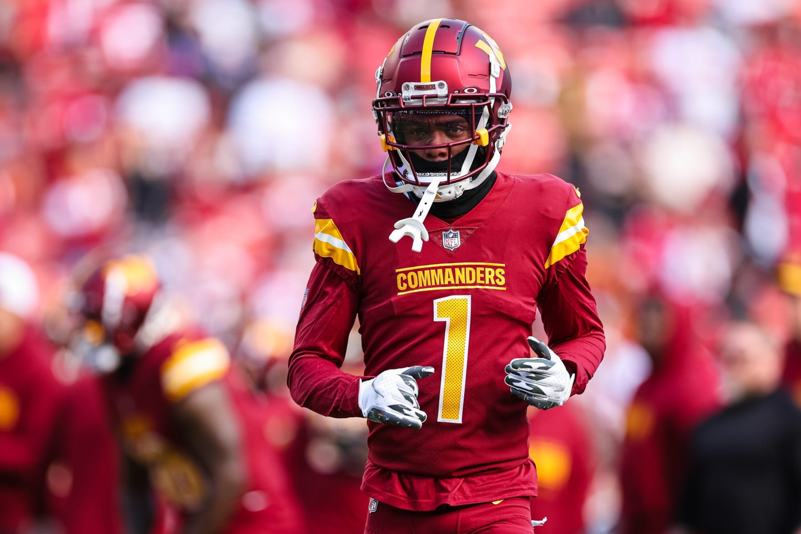 LANDOVER, MD - DECEMBER 31: Jahan Dotson #1 of the Washington Commanders warms up before the game against the San Francisco 49ers at FedExField on December 31, 2023 in Landover, Maryland. (Photo by Scott Taetsch/Getty Images)