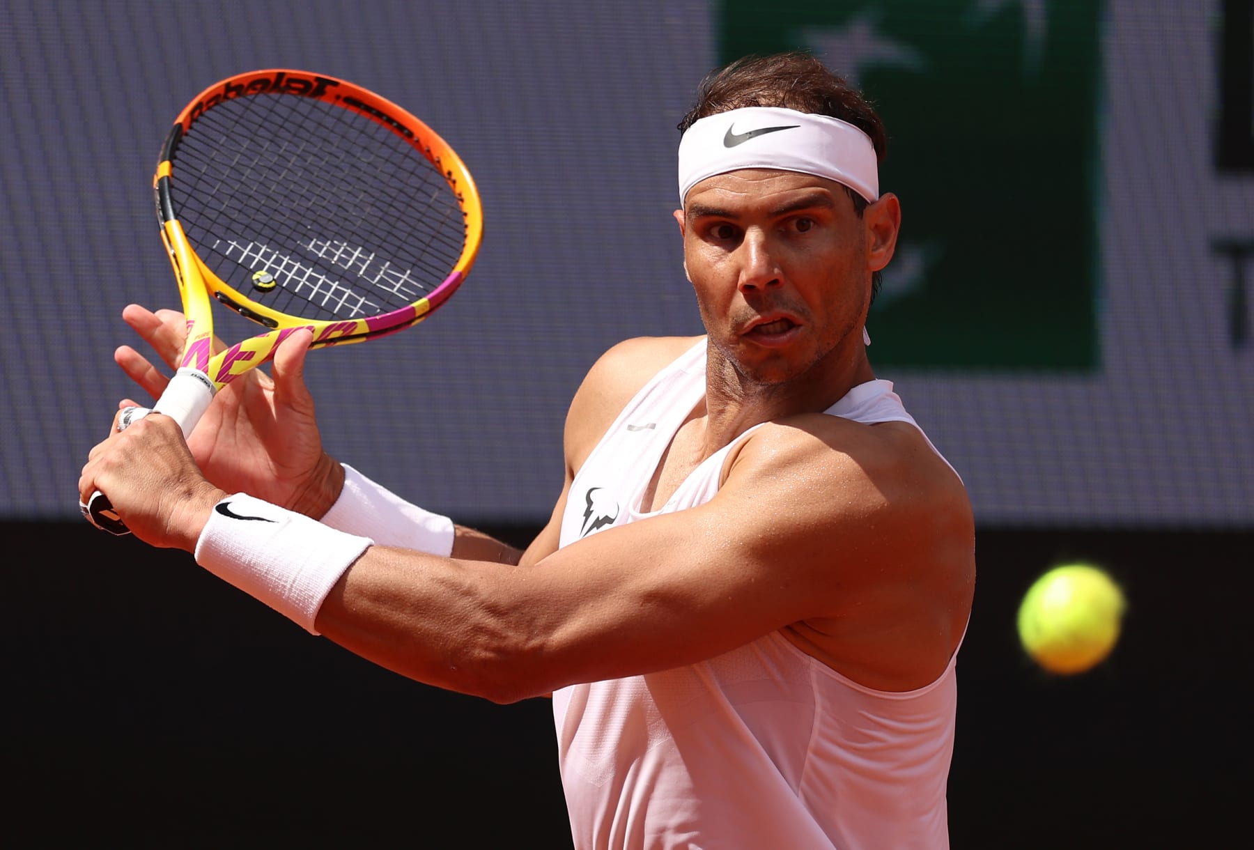 PARIS, FRANCE - MAY 25: Rafael Nadal of Spain plays a backhand against Holger Rune of Denmark in their practice match prior to the French Open at Roland Garros on May 25, 2024 in Paris, France. (Photo by Clive Brunskill/Getty Images)