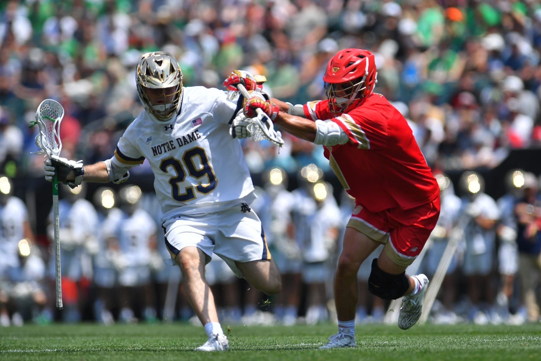 PHILADELPHIA, PENNSYLVANIA - MAY 25: Devon McLane #29 of the Notre Dame Fighting Irish gets blocked by Jake Edinger #1 of the University of Denver Pioneers during the Division I Men's Lacrosse Semifinals held at Lincoln Financial Field on May 25, 2024 in Philadelphia, Pennsylvania.  (Photo by Larry French/NCAA Photos via Getty Images)