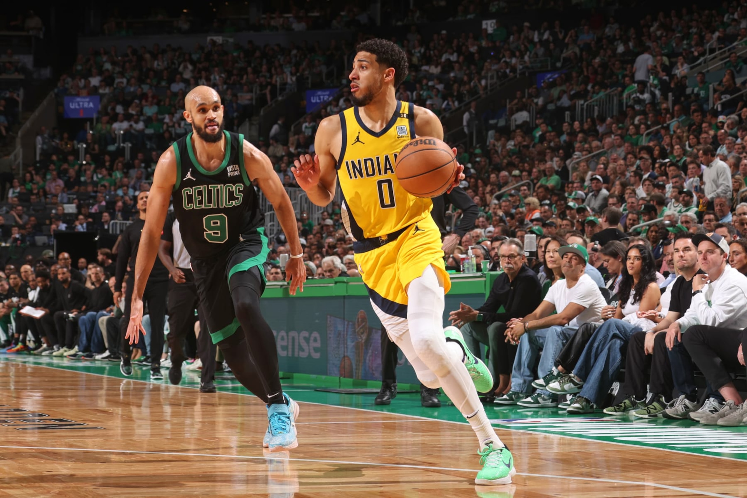 BOSTON, MA - MAY 23: Tyrese Haliburton #0 of the Indiana Pacers dribbles the ball during the game against the Boston Celtics during Game 2 of the Eastern Conference Finals of the 2024 NBA Playoffs on May 23, 2024 at the TD Garden in Boston, Massachusetts. NOTE TO USER: User expressly acknowledges and agrees that, by downloading and or using this photograph, User is consenting to the terms and conditions of the Getty Images License Agreement. Mandatory Copyright Notice: Copyright 2024 NBAE  (Photo by Nathaniel S. Butler/NBAE via Getty Images)
