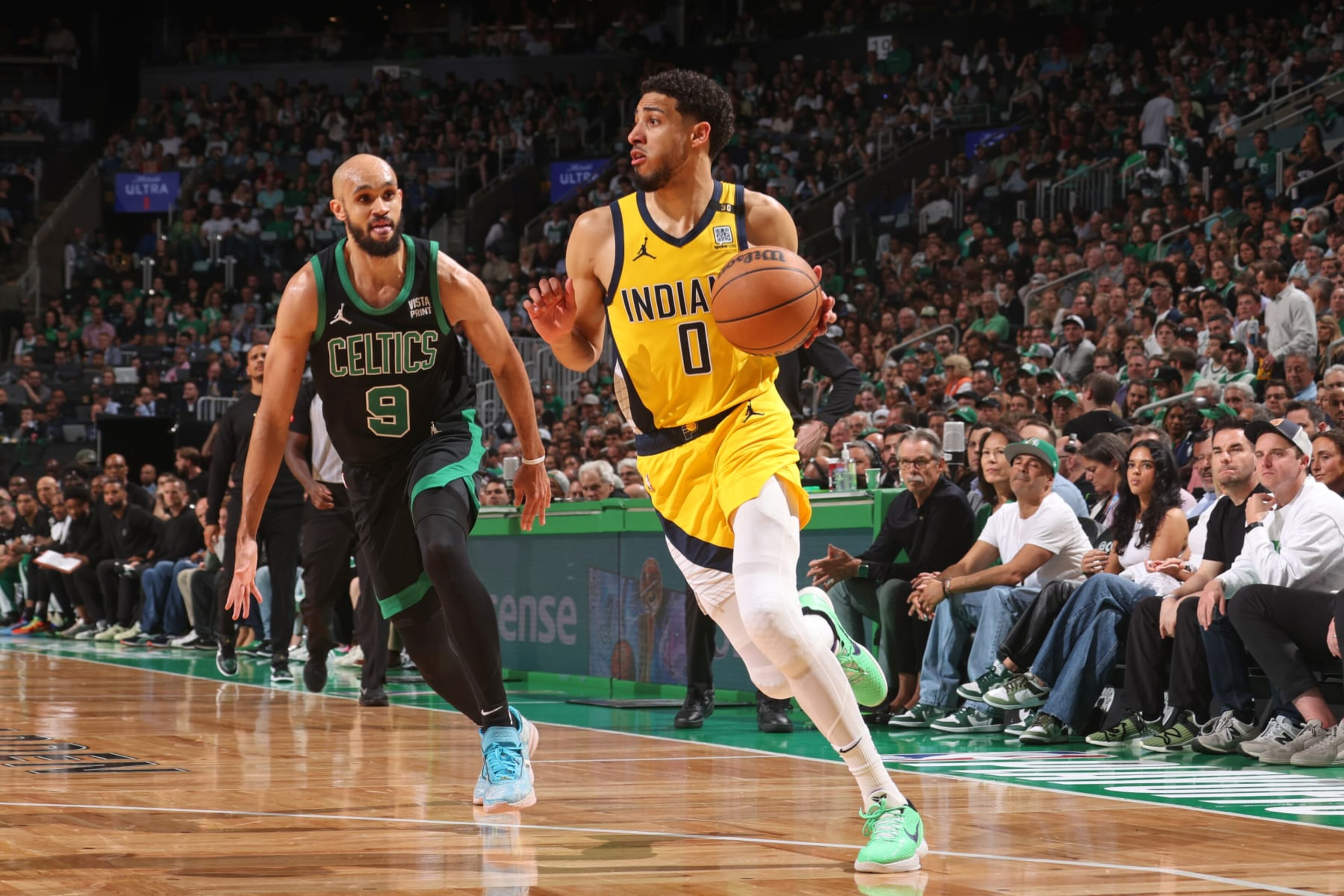 BOSTON, MA - MAY 23: Tyrese Haliburton #0 of the Indiana Pacers dribbles the ball during the game against the Boston Celtics during Game 2 of the Eastern Conference Finals of the 2024 NBA Playoffs on May 23, 2024 at the TD Garden in Boston, Massachusetts. NOTE TO USER: User expressly acknowledges and agrees that, by downloading and or using this photograph, User is consenting to the terms and conditions of the Getty Images License Agreement. Mandatory Copyright Notice: Copyright 2024 NBAE (Photo by Nathaniel S. Butler/NBAE via Getty Images) BOSTON, MA - MAY 23: Tyrese Haliburton #0 of the Indiana Pacers dribbles the ball during the game against the Boston Celtics during Game 2 of the Eastern Conference Finals of the 2024 NBA Playoffs on May 23, 2024 at the TD Garden in Boston, Massachusetts. NOTE TO USER: User expressly acknowledges and agrees that, by downloading and or using this photograph, User is consenting to the terms and conditions of the Getty Images License Agreement. Mandatory Copyright Notice: Copyright 2024 NBAE (Photo by Nathaniel S. Butler/NBAE via Getty Images)