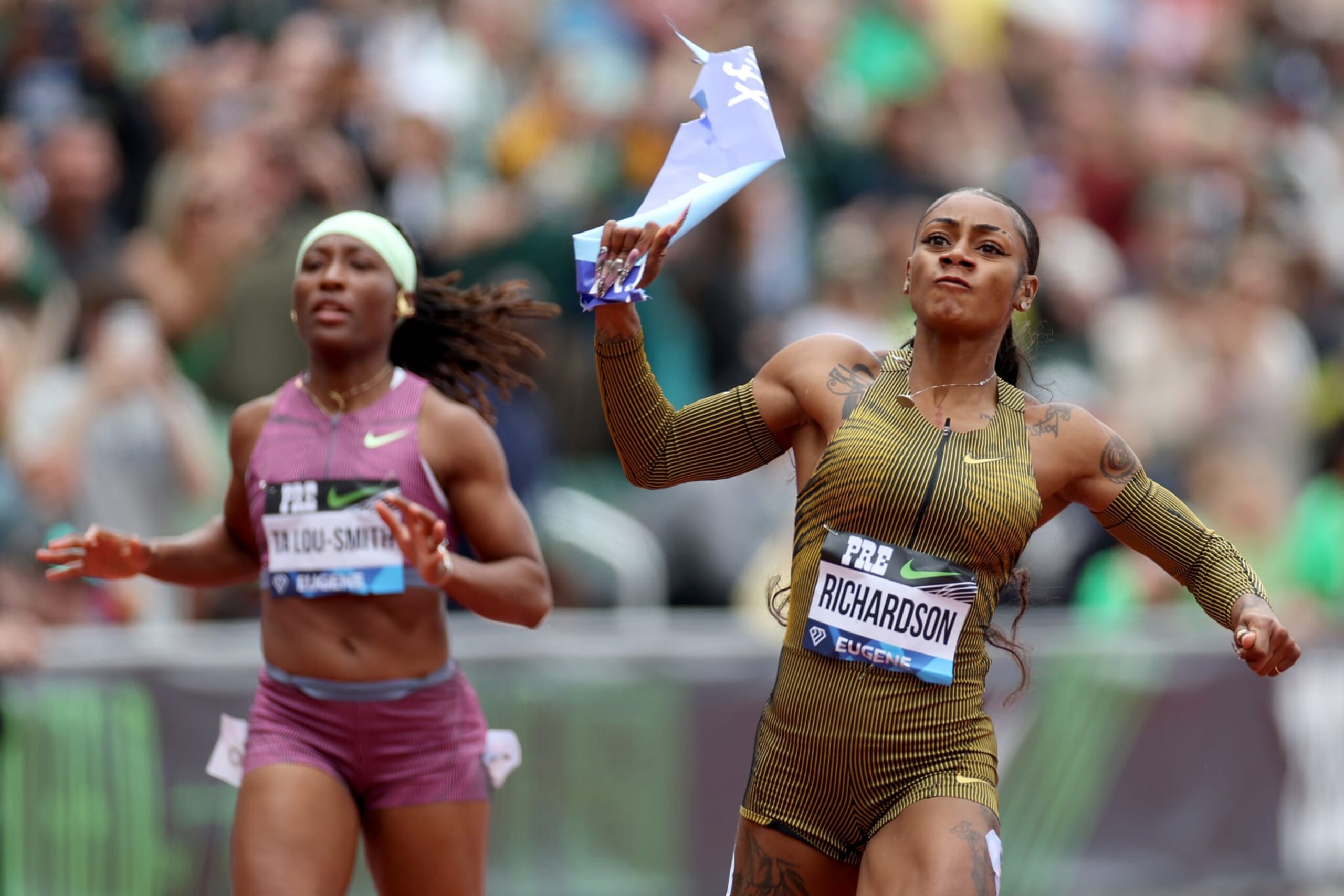 EUGENE, OREGON - MAY 25: Sha'Carri Richardson of Team USA wins the women's 100 meter dash during the Wanda Diamond League Prefontaine Classic at Hayward Field on May 25, 2024 in Eugene, Oregon. (Photo by Steph Chambers/Getty Images)