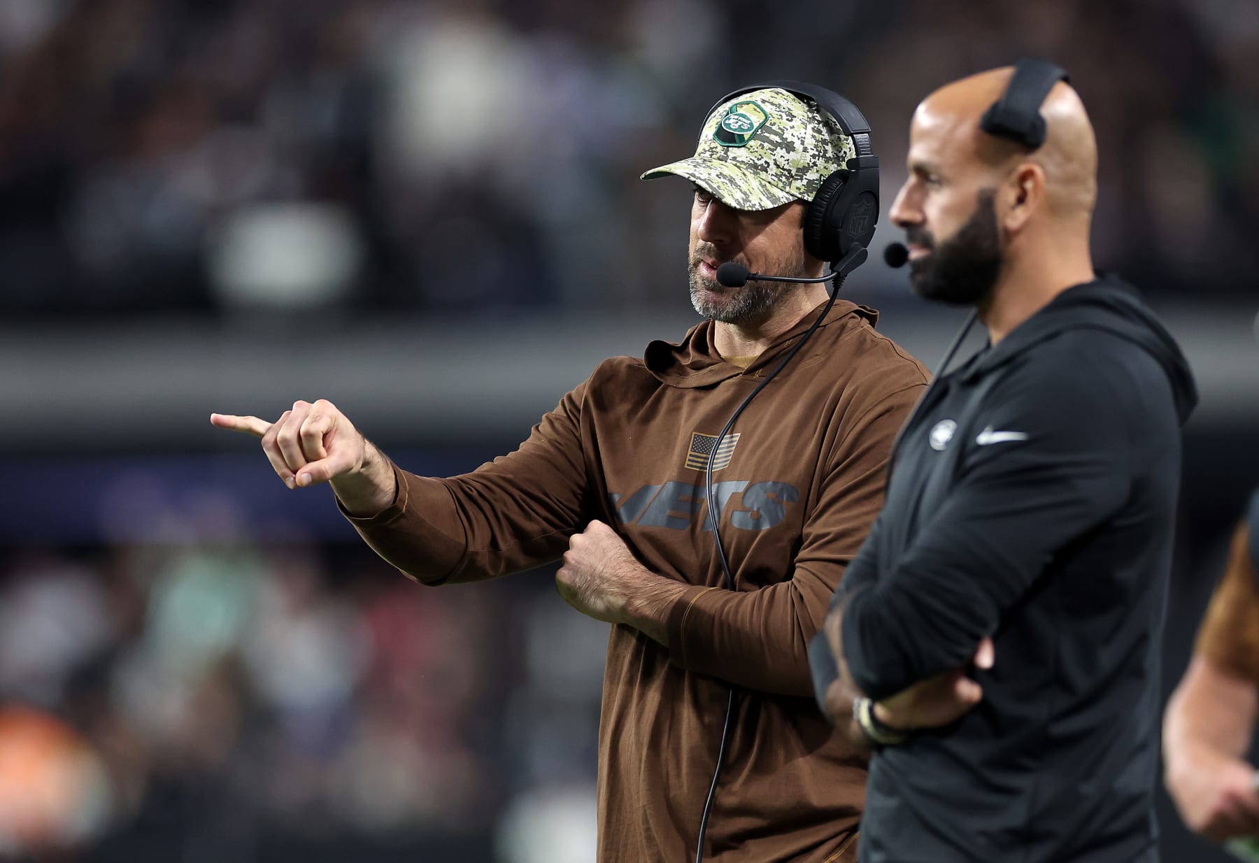 LAS VEGAS, NEVADA - NOVEMBER 12: Quarterback Aaron Rodgers #8 of the New York Jets talks with head coach Robert Saleh on the sidelines during the 1st half of the game against the Las Vegas Raiders at Allegiant Stadium on November 12, 2023 in Las Vegas, Nevada. (Photo by Sean M. Haffey/Getty Images) LAS VEGAS, NEVADA - NOVEMBER 12: Quarterback Aaron Rodgers #8 of the New York Jets talks with head coach Robert Saleh on the sidelines during the 1st half of the game against the Las Vegas Raiders at Allegiant Stadium on November 12, 2023 in Las Vegas, Nevada. (Photo by Sean M. Haffey/Getty Images)