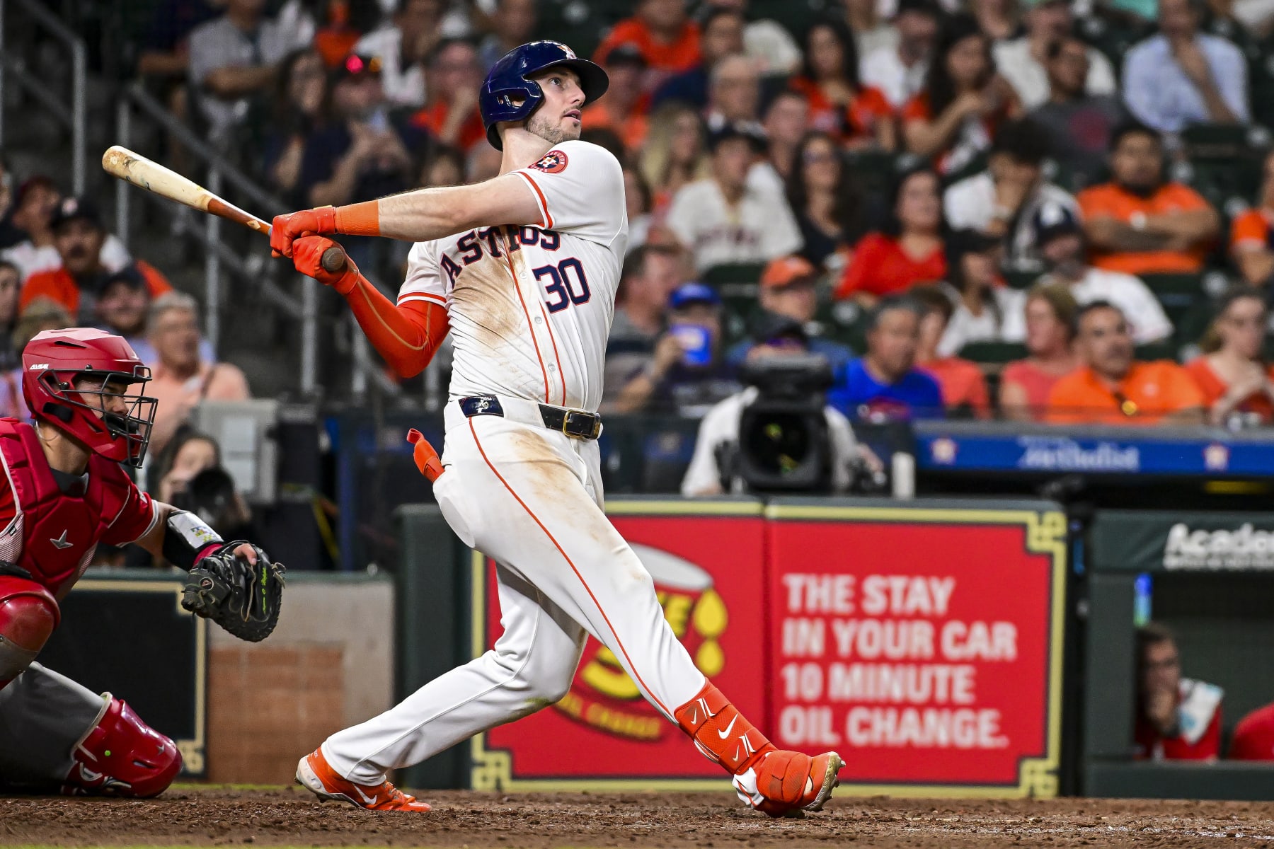 HOUSTON, TEXAS - MAY 21: Kyle Tucker #30 of the Houston Astros bats against the Los Angeles Angels at Minute Maid Park on May 21, 2024 in Houston, Texas. (Photo by Logan Riely/Getty Images)