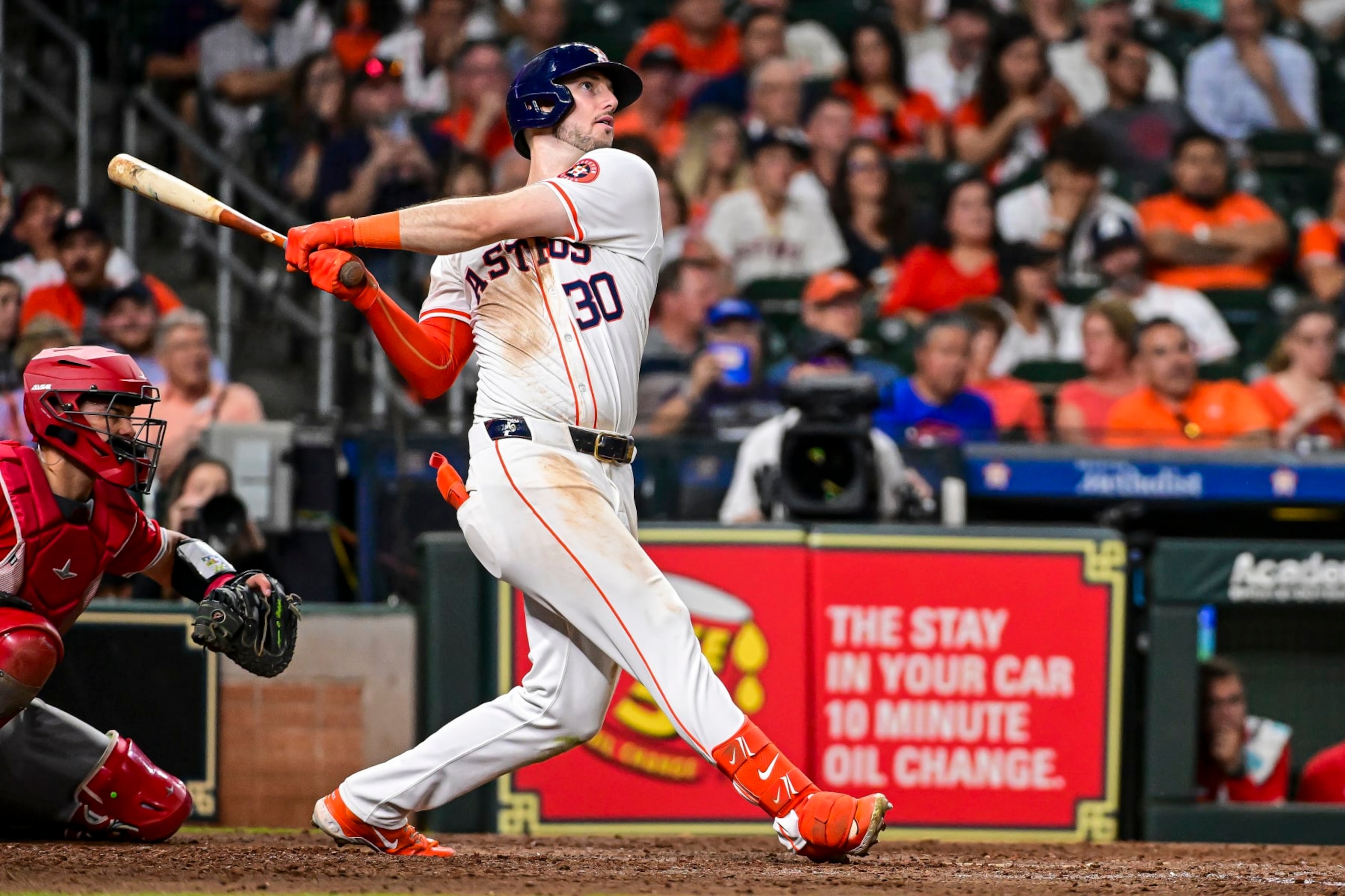 HOUSTON, TEXAS - MAY 21: Kyle Tucker #30 of the Houston Astros bats against the Los Angeles Angels at Minute Maid Park on May 21, 2024 in Houston, Texas. (Photo by Logan Riely/Getty Images)