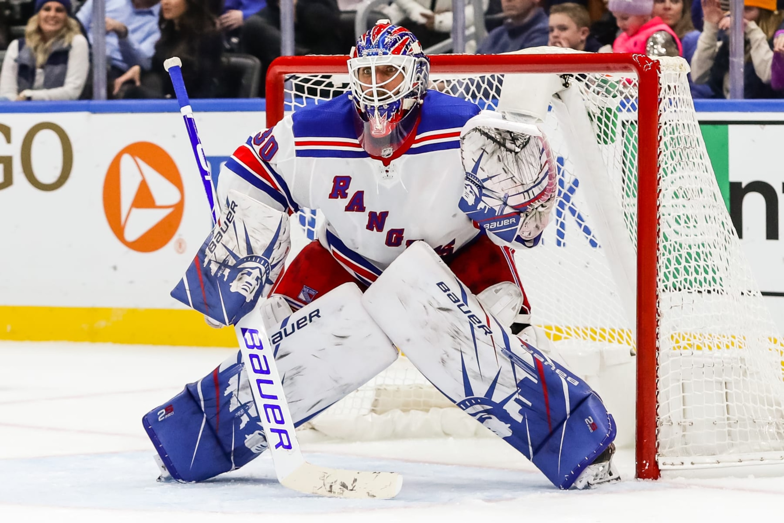 ST. LOUIS, MO - JANUARY 11:  New York Rangers goaltender Henrik Lundqvist (30) gets set for a shot during the third period of an NHL hockey game between the St. Louis Blues and the New York Rangers on January 11, 2020, at the Enterprise Center in St. Louis, MO.  (Photo by Tim Spyers/Icon Sportswire via Getty Images)