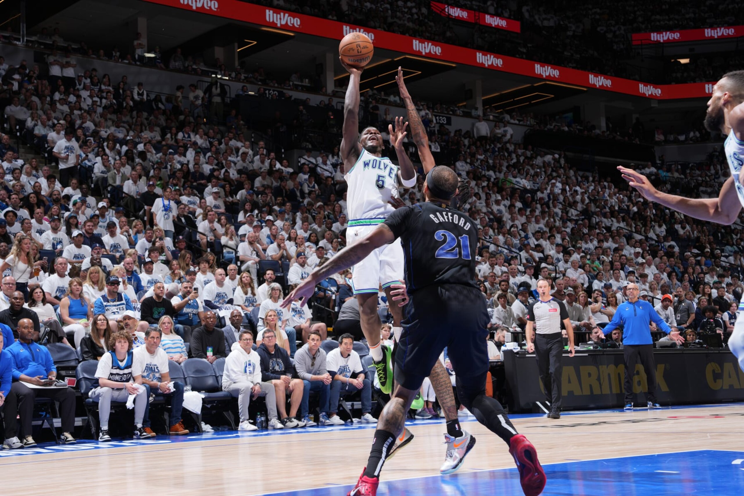 MINNEAPOLIS, MN -  MAY 24: Anthony Edwards #5 of the Minnesota Timberwolves shoots the ball during the game against the Dallas Mavericks during Game 2 of the Western Conference Finals of the 2024 NBA Playoffs on February 24, 2024 at Target Center in Minneapolis, Minnesota. NOTE TO USER: User expressly acknowledges and agrees that, by downloading and or using this Photograph, user is consenting to the terms and conditions of the Getty Images License Agreement. Mandatory Copyright Notice: Copyright 2024 NBAE (Photo by Jesse D. Garrabrant/NBAE via Getty Images)