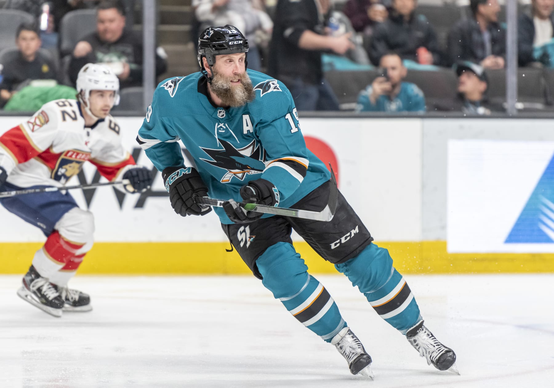 SAN JOSE, CA - FEBRUARY 17: San Jose Sharks center Joe Thornton (19) gets ready to intercept a play during the game between the Florida Panthers and the San Jose Sharks on Monday, February 17, 2020 at the HP Pavilion in San Jose, California. (Photo by Douglas Stringer/Icon Sportswire via Getty Images)