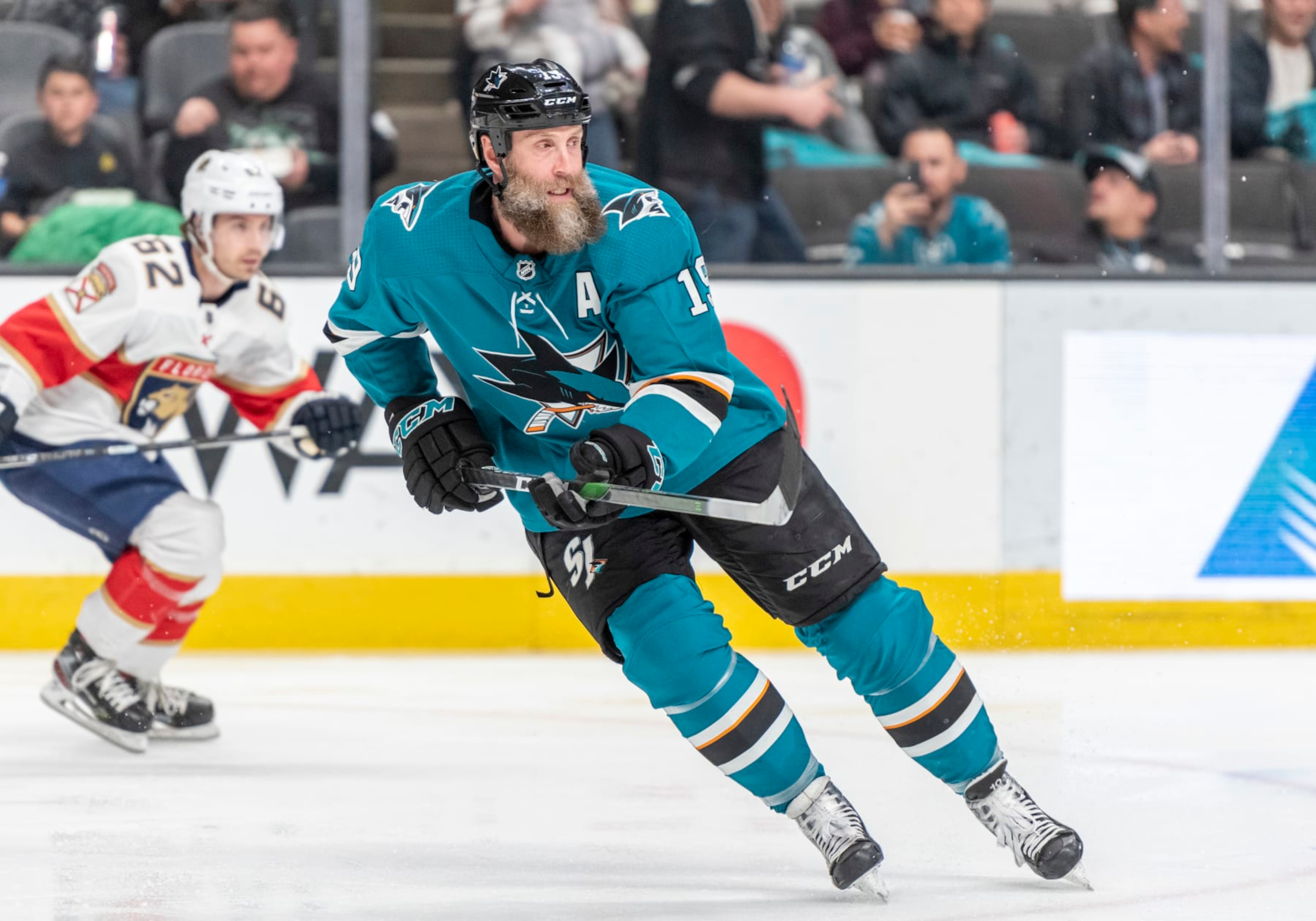 SAN JOSE, CA - FEBRUARY 17: San Jose Sharks center Joe Thornton (19) gets ready to intercept a play during the game between the Florida Panthers and the San Jose Sharks on Monday, February 17, 2020 at the HP Pavilion in San Jose, California. (Photo by Douglas Stringer/Icon Sportswire via Getty Images)