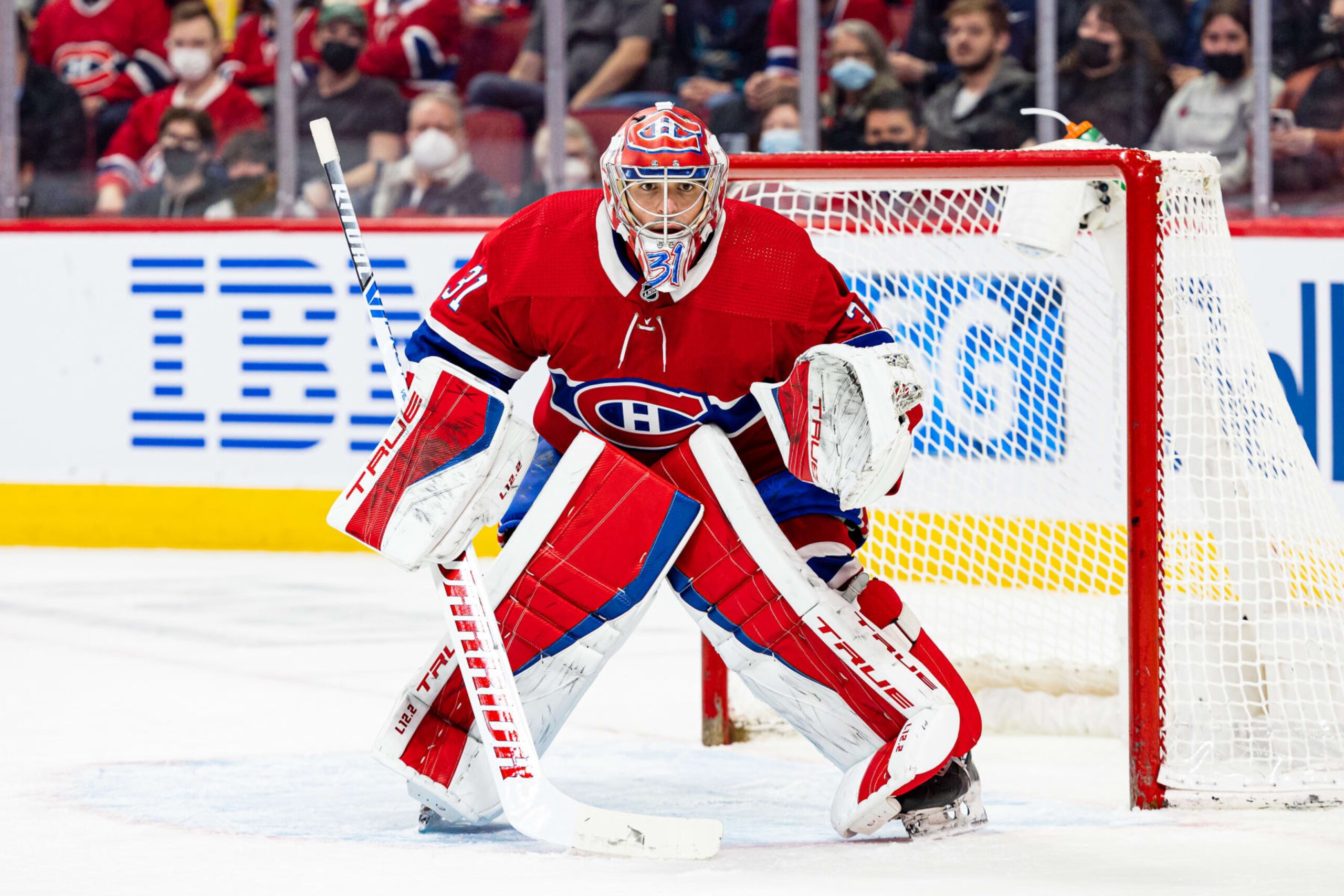 MONTREAL, QC - APRIL 19: Goaltender Carey Price #31 of the Montreal Canadiens stands in the crease in the NHL game against the Minnesota Wild in the NHL game at the Bell Centre on April 19, 2022 in Montreal, Quebec, Canada. (Photo by Vitor Munhoz/NHLI via Getty Images)