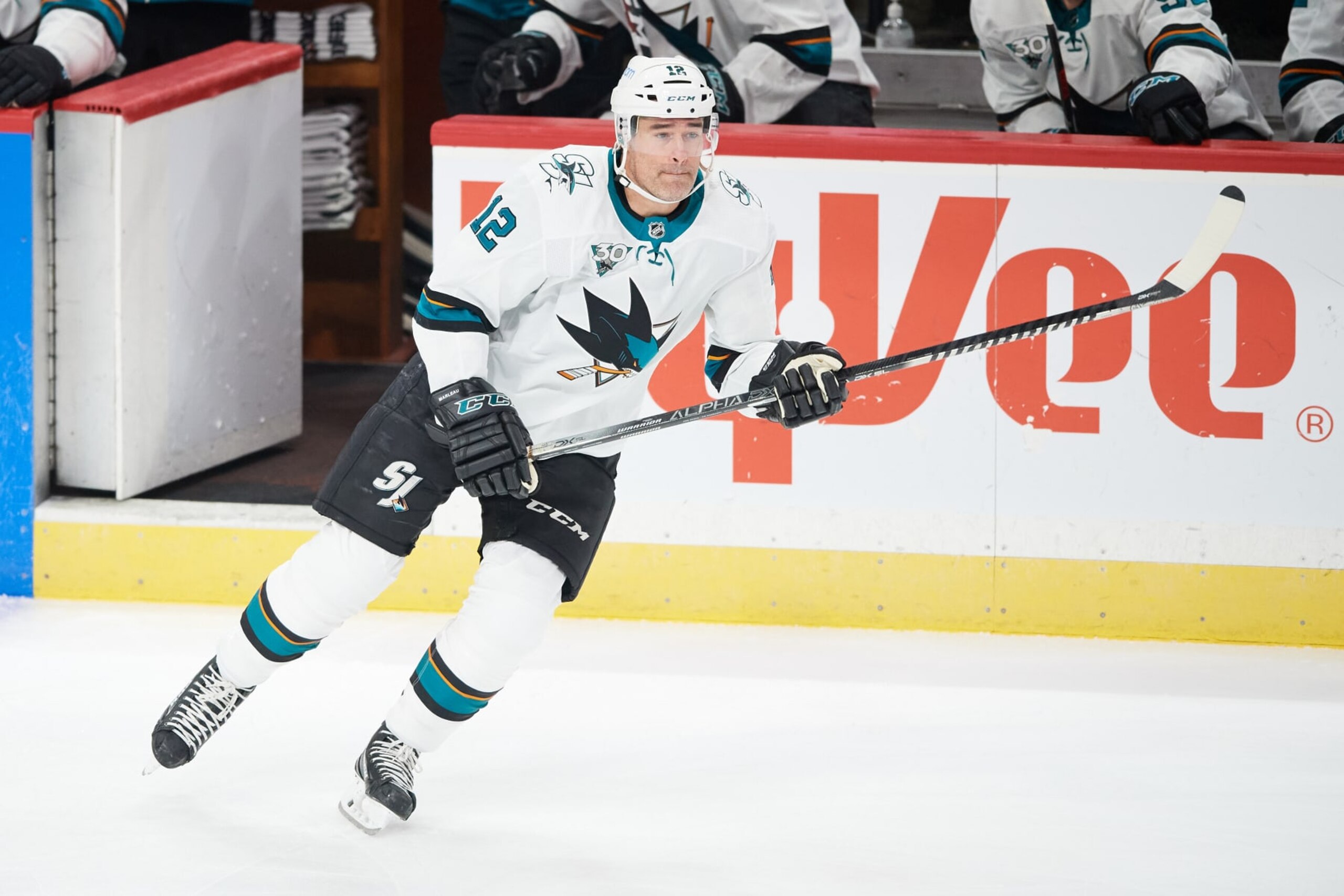 ST PAUL, MINNESOTA - APRIL 17: Patrick Marleau #12 of the San Jose Sharks skates on the ice against the Minnesota Wild during the game at Xcel Energy Center on April 17, 2021 in St Paul, Minnesota. The Wild defeated the Sharks 5-2. (Photo by Hannah Foslien/Getty Images)