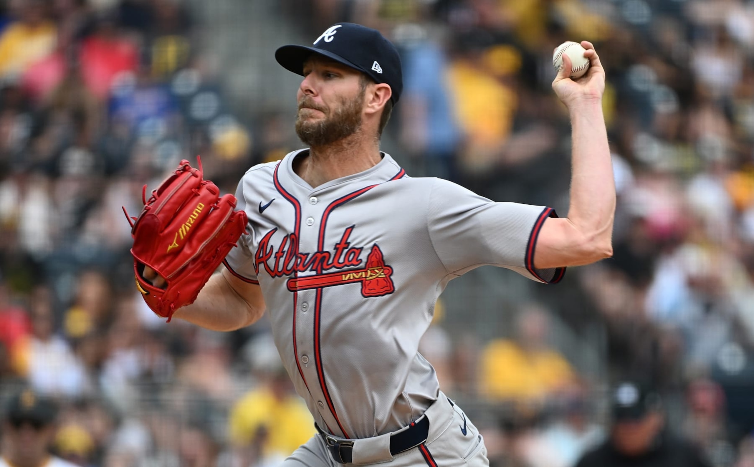 PITTSBURGH, PENNSYLVANIA - MAY 26: Chris Sale #51 of the Atlanta Braves delivers a pitch in the second inning during the game against the Pittsburgh Pirates at PNC Park on May 26, 2024 in Pittsburgh, Pennsylvania. (Photo by Justin Berl/Getty Images)