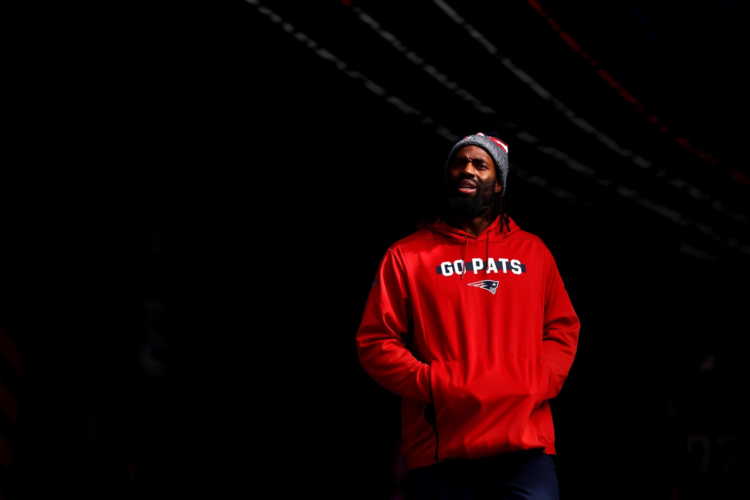 FOXBOROUGH, MASSACHUSETTS - OCTOBER 22: New England Patriots Matthew Judon #9 walks onto the field before the game against the Buffalo Bills at Gillette Stadium on October 22, 2023 in Foxborough, Massachusetts. (Photo by Maddie Meyer/Getty Images)
