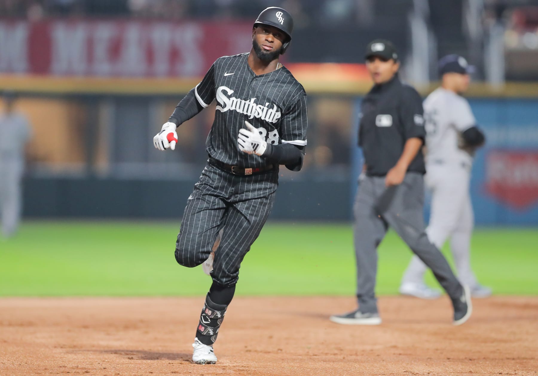 CHICAGO, IL - AUGUST 08: Chicago White Sox center fielder Luis Robert Jr. (88) looks on after hitting a home run during a Major League Baseball game between the New York Yankees and the Chicago White Sox on August 8, 2023 at Guaranteed Rate Field in Chicago, IL. (Photo by Melissa Tamez/Icon Sportswire via Getty Images)