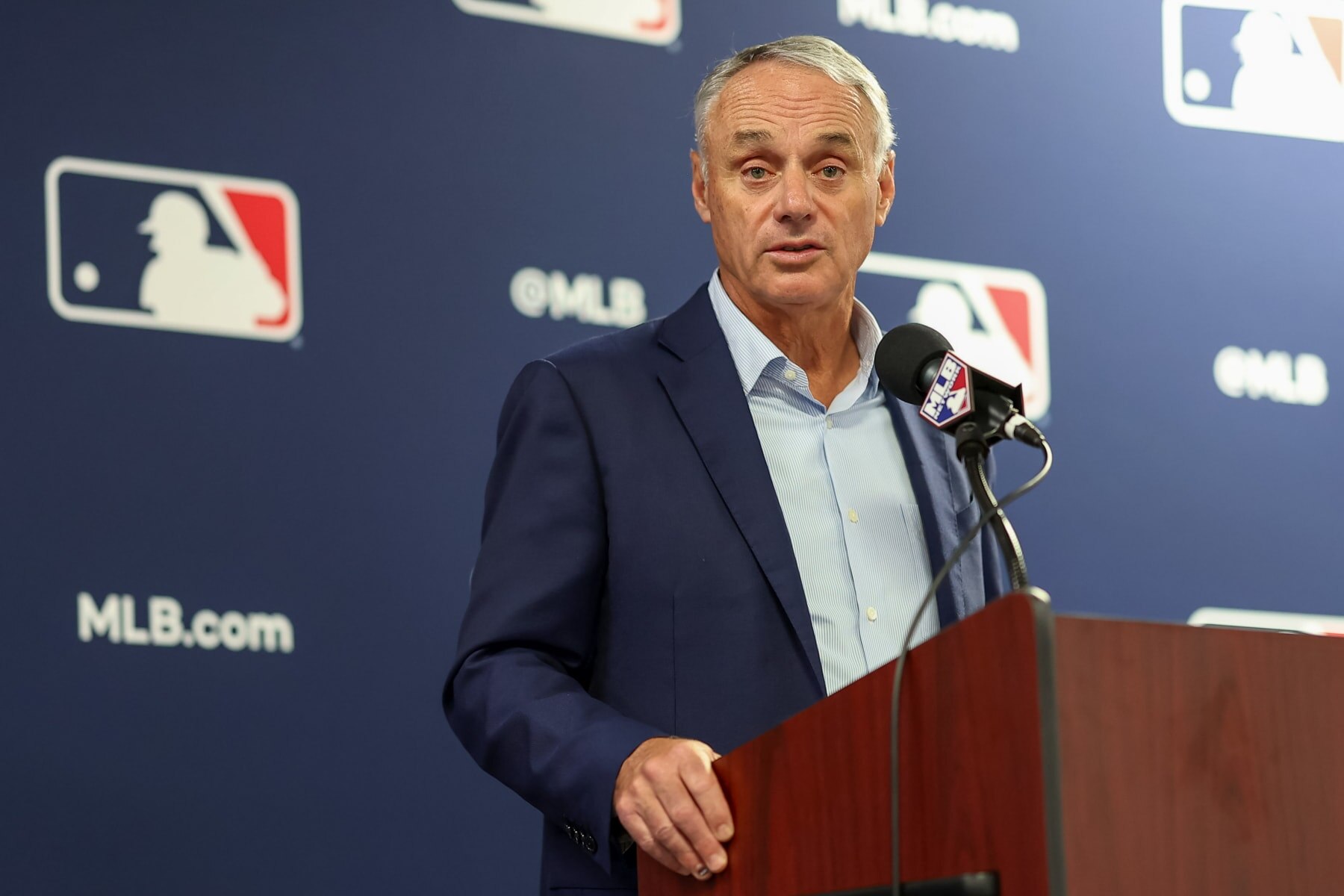 TAMPA, FL - FEBRUARY 15: Commissioner of Major League Baseball Robert D. Manfred Jr. speaks during the 2024 Grapefruit League Spring Training Media Day at George M. Steinbrenner Field on Thursday, February 15, 2024 in Tampa, Florida. (Photo by Mike Carlson/MLB Photos via Getty Images)