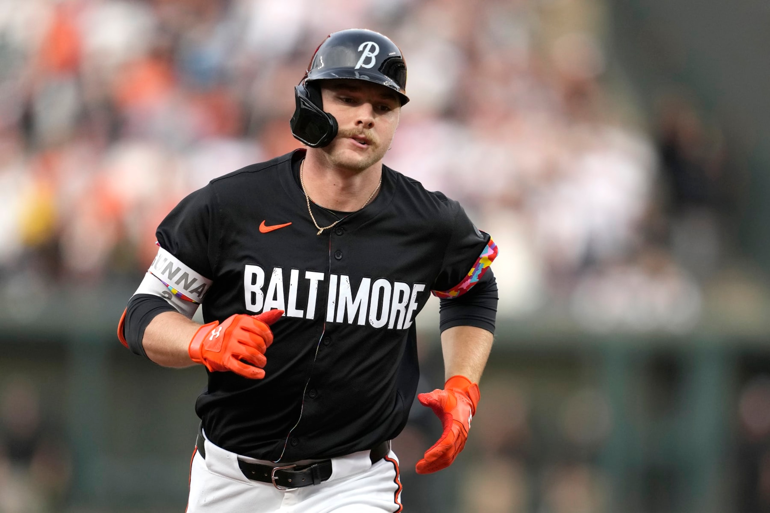 BALTIMORE, MARYLAND - MAY 17:  Gunnar Henderson #2 of the Baltimore Orioles rounds the bases after hitting a home run during a baseball game against the Seattle Mariners at Oriole Park at Camden Yards on May 17, 2024 in Baltimore, Maryland.  (Photo by Mitchell Layton/Getty Images)