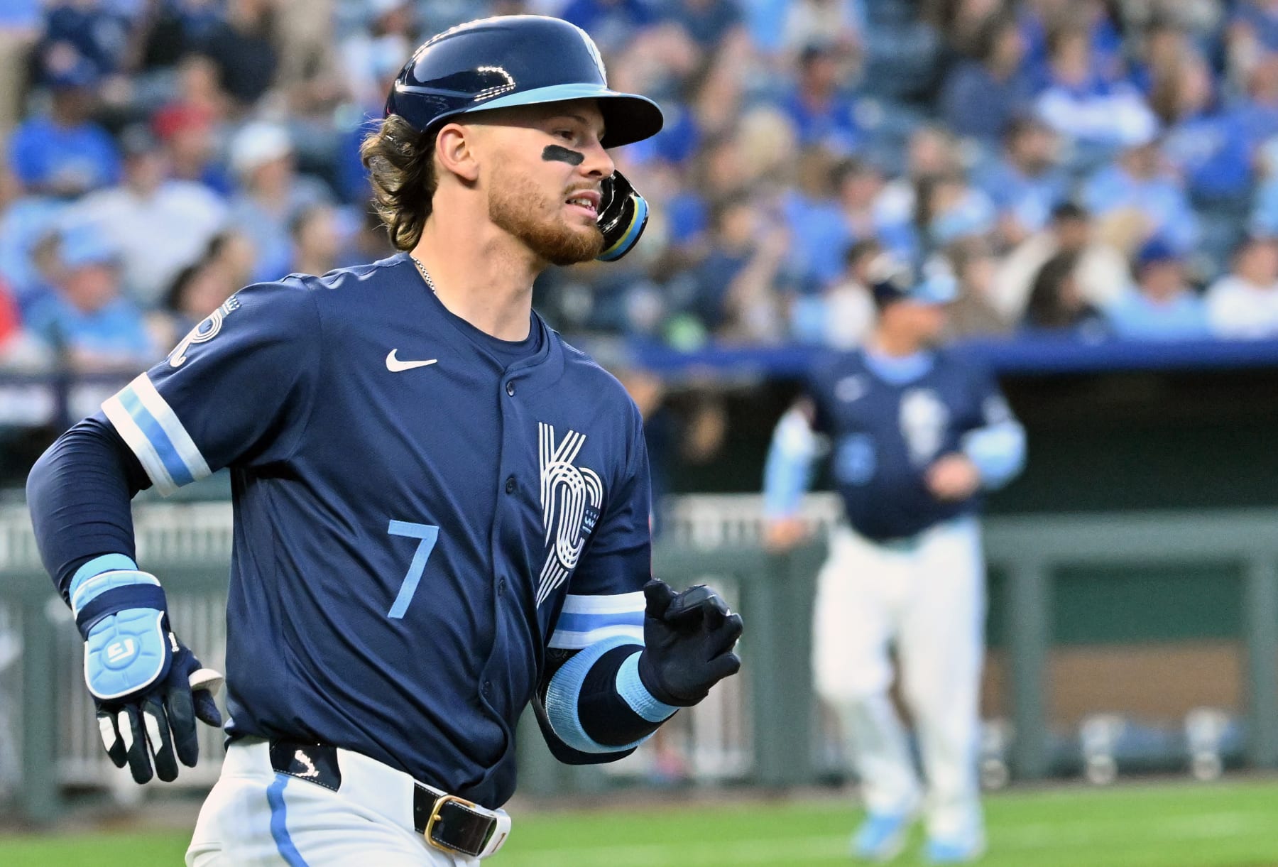 KANSAS CITY, MO - MAY 03: Kansas City Royals shortstop Bobby Witt Jr (7) as seen during a MLB game on May 03, 2024, between the Texas Rangers and the Kansas City Royals at Kauffman Stadium, Kansas City, MO.  (Photo by Keith Gillett/Icon Sportswire via Getty Images)