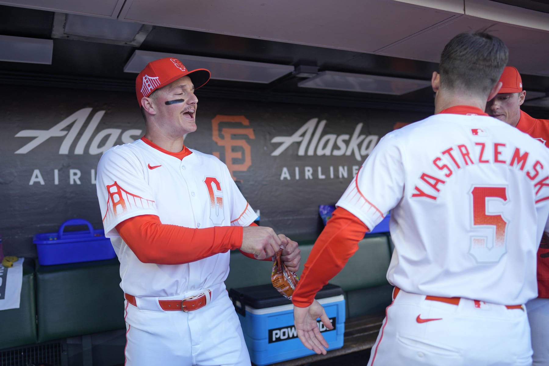 SAN FRANCISCO, CALIFORNIA - MAY 14: Matt Chapman #26 and Mike Yastrzemski #5 of the San Francisco Giants perform pregame rituals at Oracle Park on May 14, 2024 in San Francisco, California. (Photo by Suzanna Mitchell/San Francisco Giants/Getty Images)
