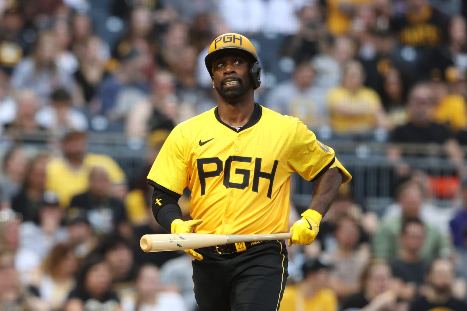 PITTSBURGH, PENNSYLVANIA - MAY 03: Andrew McCutchen #22 of the Pittsburgh Pirates reacts after hitting a foul ball in the third inning of the game against the Colorado Rockies at PNC Park on May 03, 2024 in Pittsburgh, Pennsylvania. (Photo by Pamela Smith/Getty Images)