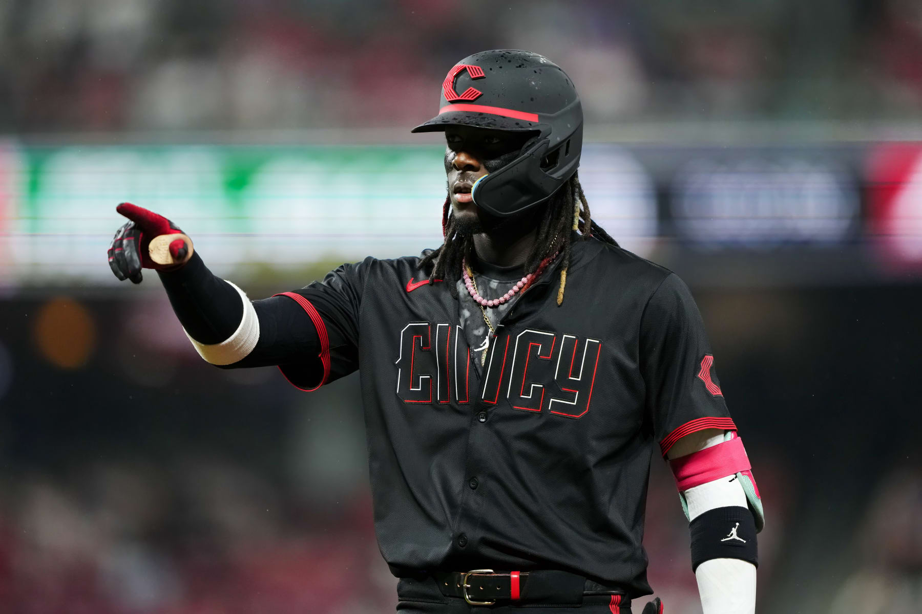 CINCINNATI, OHIO - MAY 03: Elly De La Cruz #44 of the Cincinnati Reds celebrates after hitting a single in the first inning against the Baltimore Orioles at Great American Ball Park on May 03, 2024 in Cincinnati, Ohio. (Photo by Dylan Buell/Getty Images)