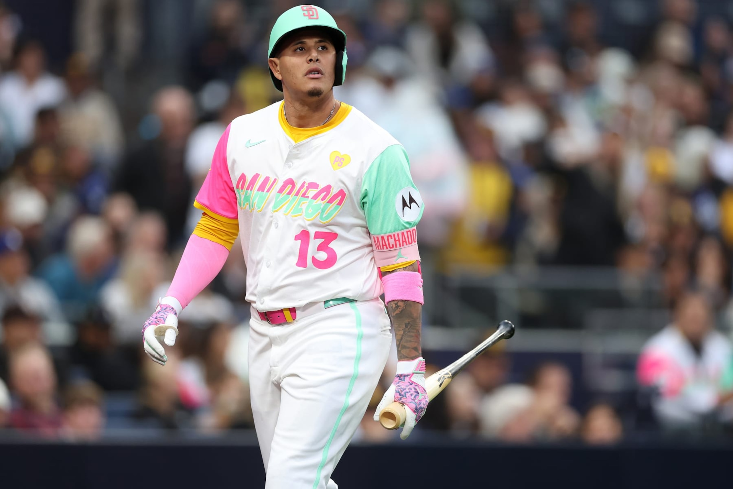 SAN DIEGO, CALIFORNIA - MAY 10: Manny Machado #13 of the San Diego Padres looks on after striking out during the second inning of a game against the Los Angeles Dodgers at Petco Park on May 10, 2024 in San Diego, California. (Photo by Sean M. Haffey/Getty Images)