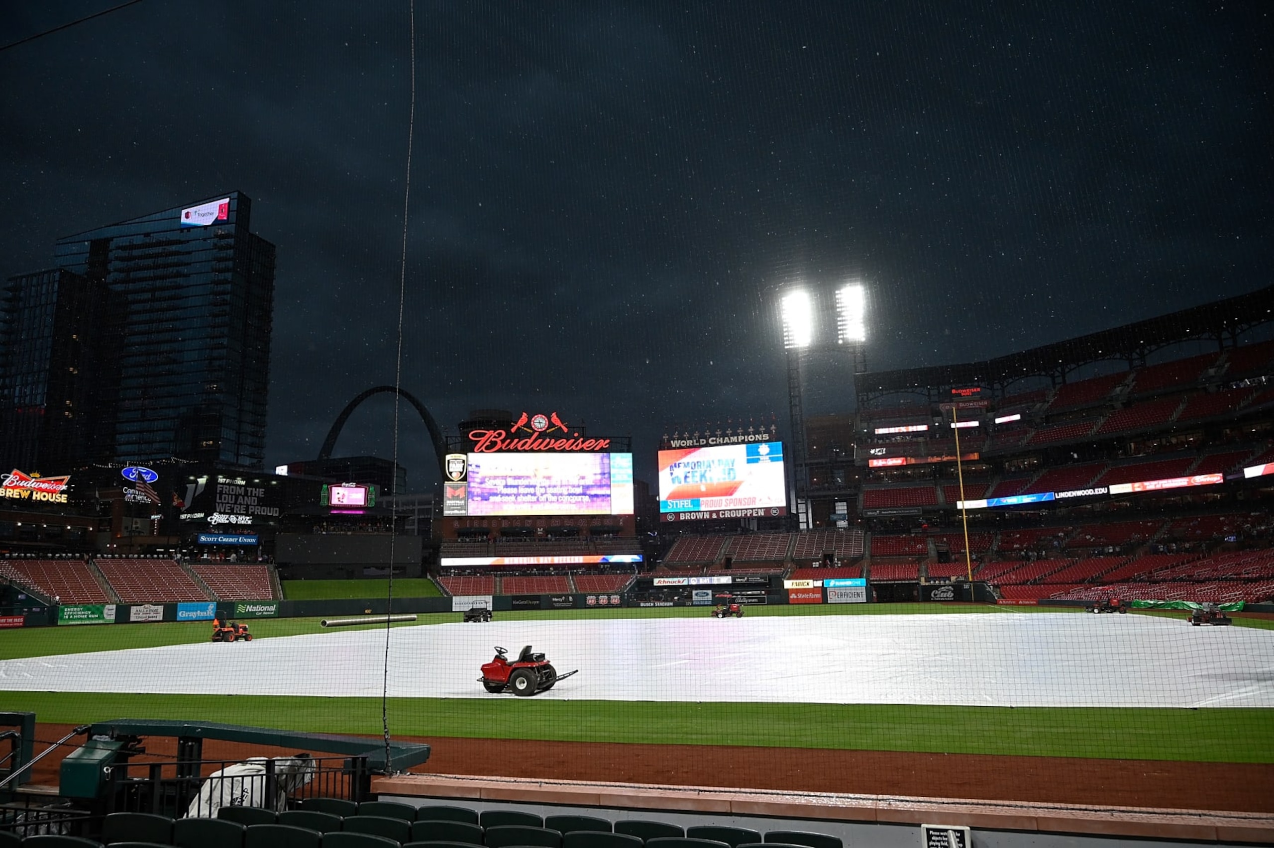 ST LOUIS, MISSOURI - MAY 26: A general view of Busch Stadium during a rain delay prior to the start of a game between the St. Louis Cardinals and the Chicago Cubs at Busch Stadium on May 26, 2024 in St Louis, Missouri. (Photo by Joe Puetz/Getty Images) ST LOUIS, MISSOURI - MAY 26: A general view of Busch Stadium during a rain delay prior to the start of a game between the St. Louis Cardinals and the Chicago Cubs at Busch Stadium on May 26, 2024 in St Louis, Missouri. (Photo by Joe Puetz/Getty Images)