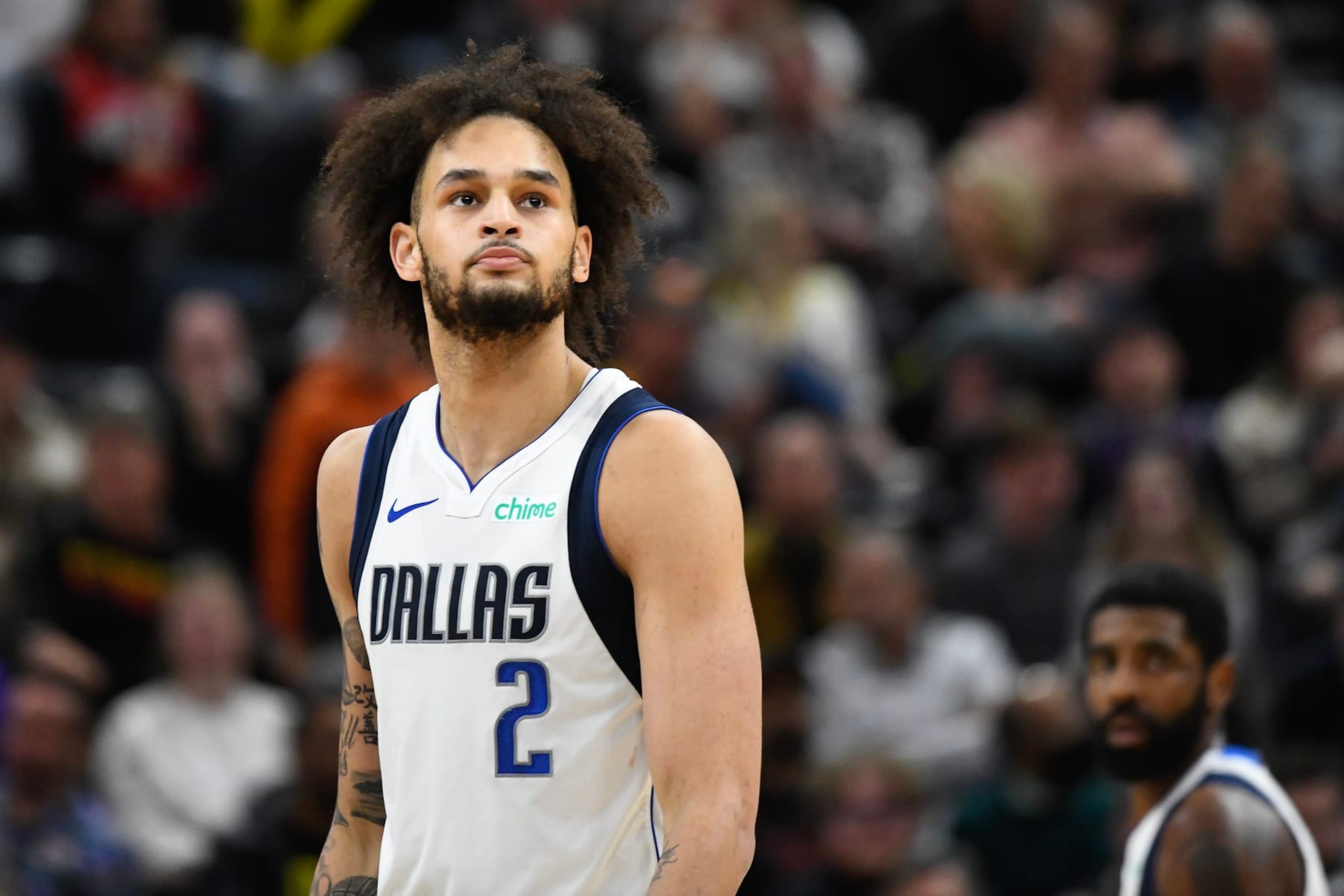SALT LAKE CITY, UTAH - JANUARY 01: Dereck Lively II #2 of the Dallas Mavericks looks on during the first half of a game against the Utah Jazz at Delta Center on January 01, 2024 in Salt Lake City, Utah. NOTE TO USER: User expressly acknowledges and agrees that, by downloading and or using this photograph, User is consenting to the terms and conditions of the Getty Images License Agreement. (Photo by Alex Goodlett/Getty Images)