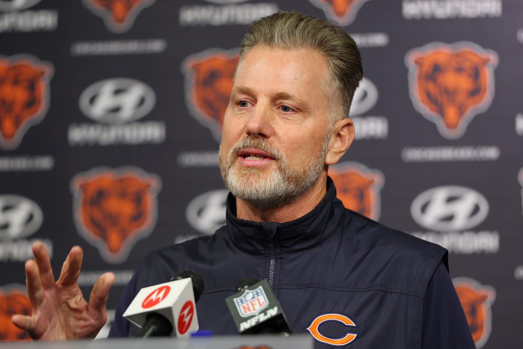 LAKE FOREST, ILLINOIS - MAY 10: Head coach Matt Eberflus of the Chicago Bears speaks to the media prior to Chicago Bears Rookie Minicamp at Halas Hall on May 10, 2024 in Lake Forest, Illinois. (Photo by Michael Reaves/Getty Images)