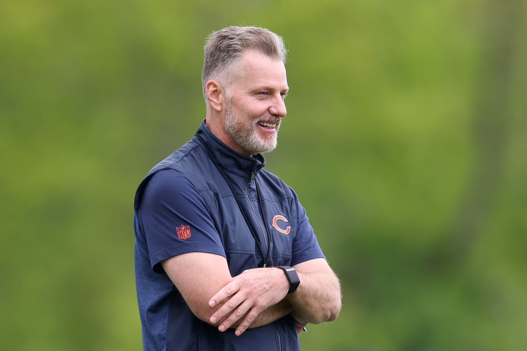 LAKE FOREST, ILLINOIS - MAY 10: Head coach Matt Eberflus of the Chicago Bears looks on during Chicago Bears Rookie Minicamp at Halas Hall on May 10, 2024 in Lake Forest, Illinois.  (Photo by Michael Reaves/Getty Images)