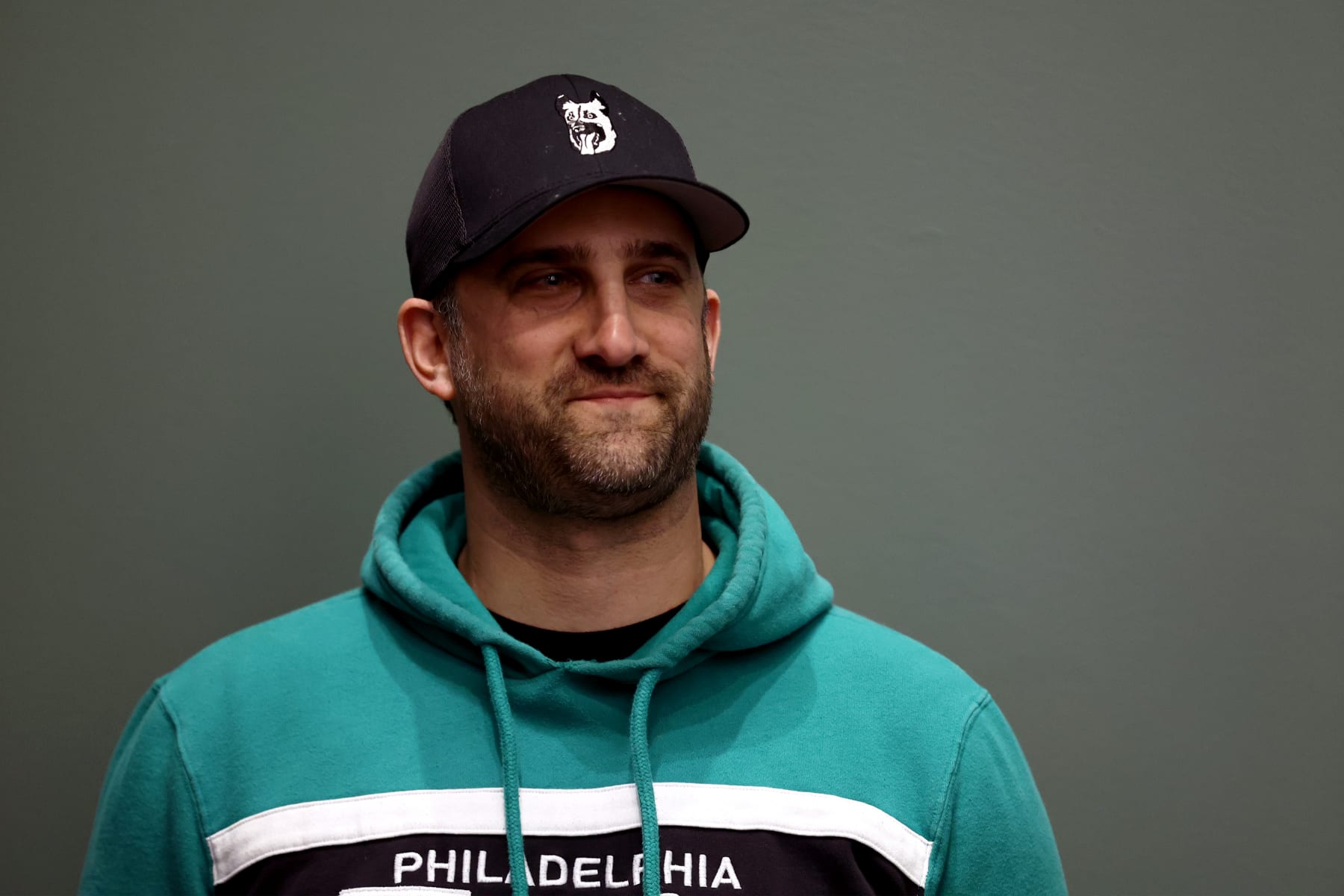 PHILADELPHIA, PENNSYLVANIA - MARCH 04: Head coach Nick Sirianni of the Philadelphia Eagles reacts during the retirement announcement of Jason Kelce from the NFL at NovaCare Complex on March 04, 2024 in Philadelphia, Pennsylvania. (Photo by Tim Nwachukwu/Getty Images)