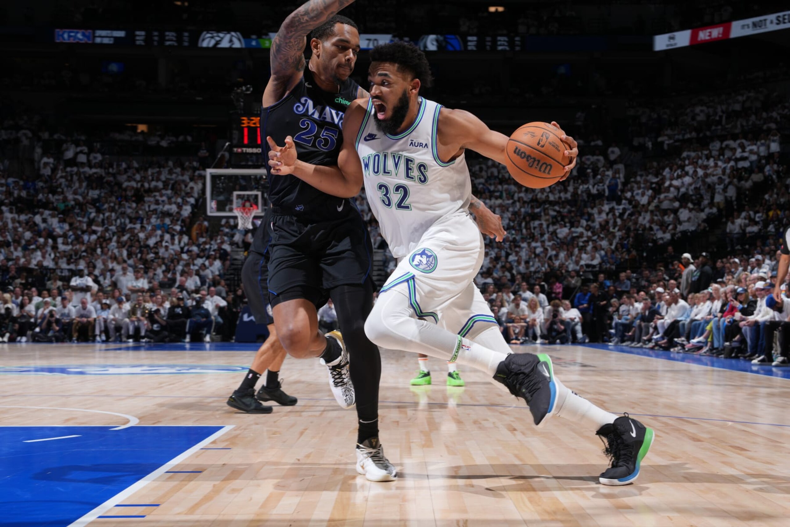 MINNEAPOLIS, MN - MAY 24: Karl-Anthony Towns #32 of the Minnesota Timberwolves drives to the basket during the game against the Dallas Mavericks during Game 2 of the Western Conference Finals of the 2024 NBA Playoffs on February 24, 2024 at Target Center in Minneapolis, Minnesota. NOTE TO USER: User expressly acknowledges and agrees that, by downloading and or using this Photograph, user is consenting to the terms and conditions of the Getty Images License Agreement. Mandatory Copyright Notice: Copyright 2024 NBAE (Photo by Jesse D. Garrabrant/NBAE via Getty Images) MINNEAPOLIS, MN - MAY 24: Karl-Anthony Towns #32 of the Minnesota Timberwolves drives to the basket during the game against the Dallas Mavericks during Game 2 of the Western Conference Finals of the 2024 NBA Playoffs on February 24, 2024 at Target Center in Minneapolis, Minnesota. NOTE TO USER: User expressly acknowledges and agrees that, by downloading and or using this Photograph, user is consenting to the terms and conditions of the Getty Images License Agreement. Mandatory Copyright Notice: Copyright 2024 NBAE (Photo by Jesse D. Garrabrant/NBAE via Getty Images)