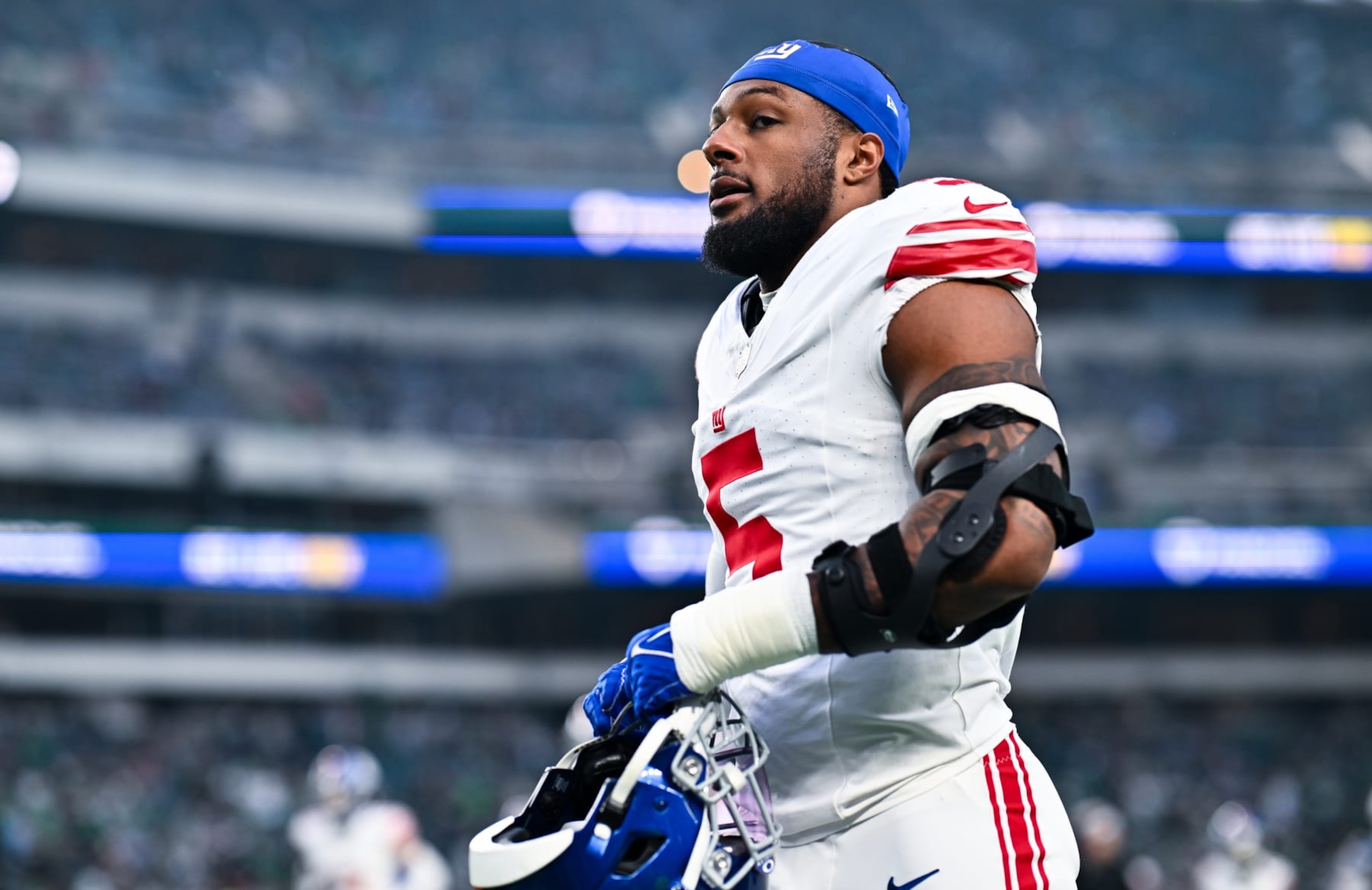 PHILADELPHIA, PA - DECEMBER 25: New York Giants Linebacker Kayvon Thibodeaux (5) looks on before the game between the New York Giants and Philadelphia Eagles on December 25, 2023 at Lincoln Financial Field in Philadelphia, PA. (Photo by Kyle Ross/Icon Sportswire via Getty Images)