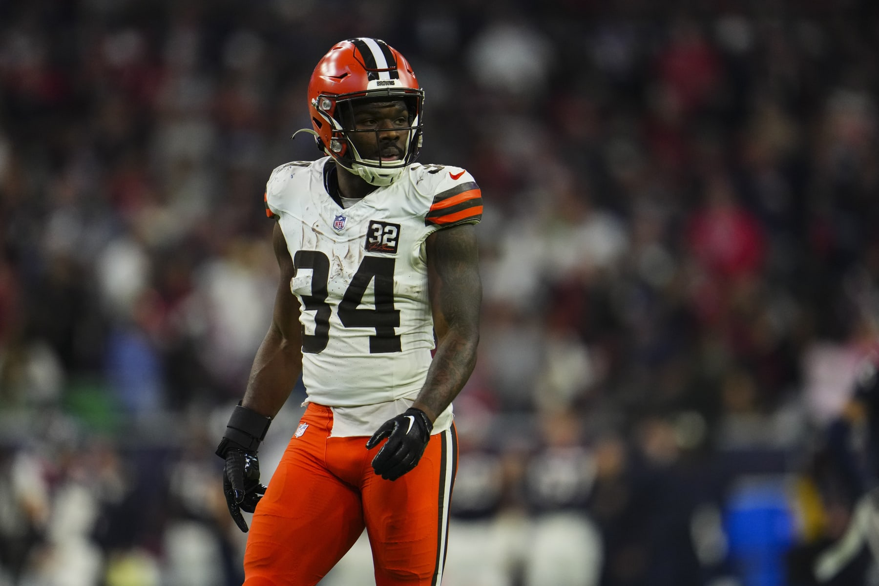 HOUSTON, TX - JANUARY 13: Jerome Ford #34 of the Cleveland Browns looks on from the field during an NFL wild-card playoff football game against the Houston Texans at NRG Stadium on January 13, 2024 in Houston, Texas. (Photo by Cooper Neill/Getty Images)