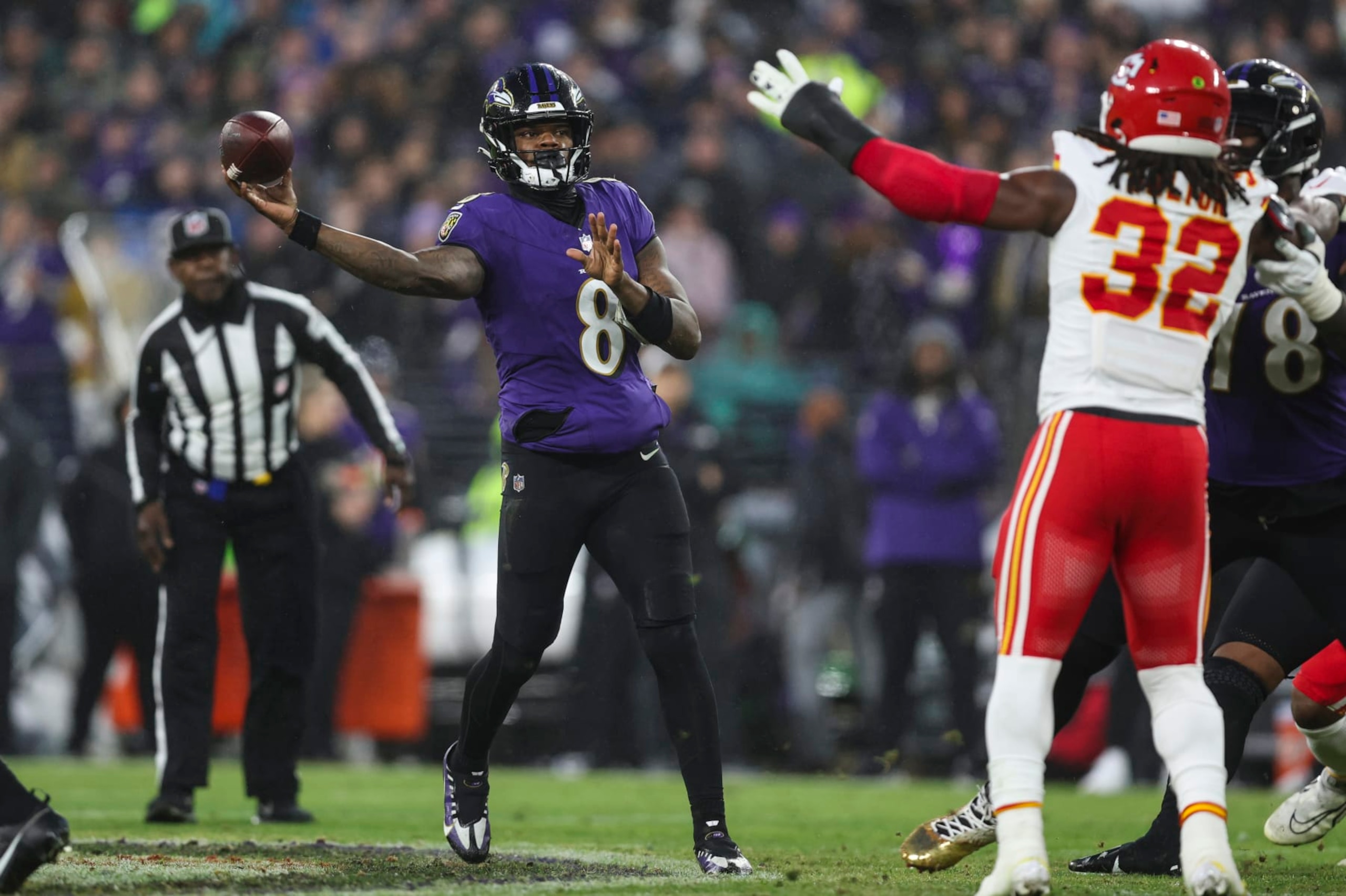 BALTIMORE, MD - JANUARY 28: Lamar Jackson #8 of the Baltimore Ravens throws the ball during the AFC Championship NFL football game against the Kansas City Chiefs at M&T Bank Stadium on January 28, 2024 in Baltimore, Maryland. (Photo by Perry Knotts/Getty Images)