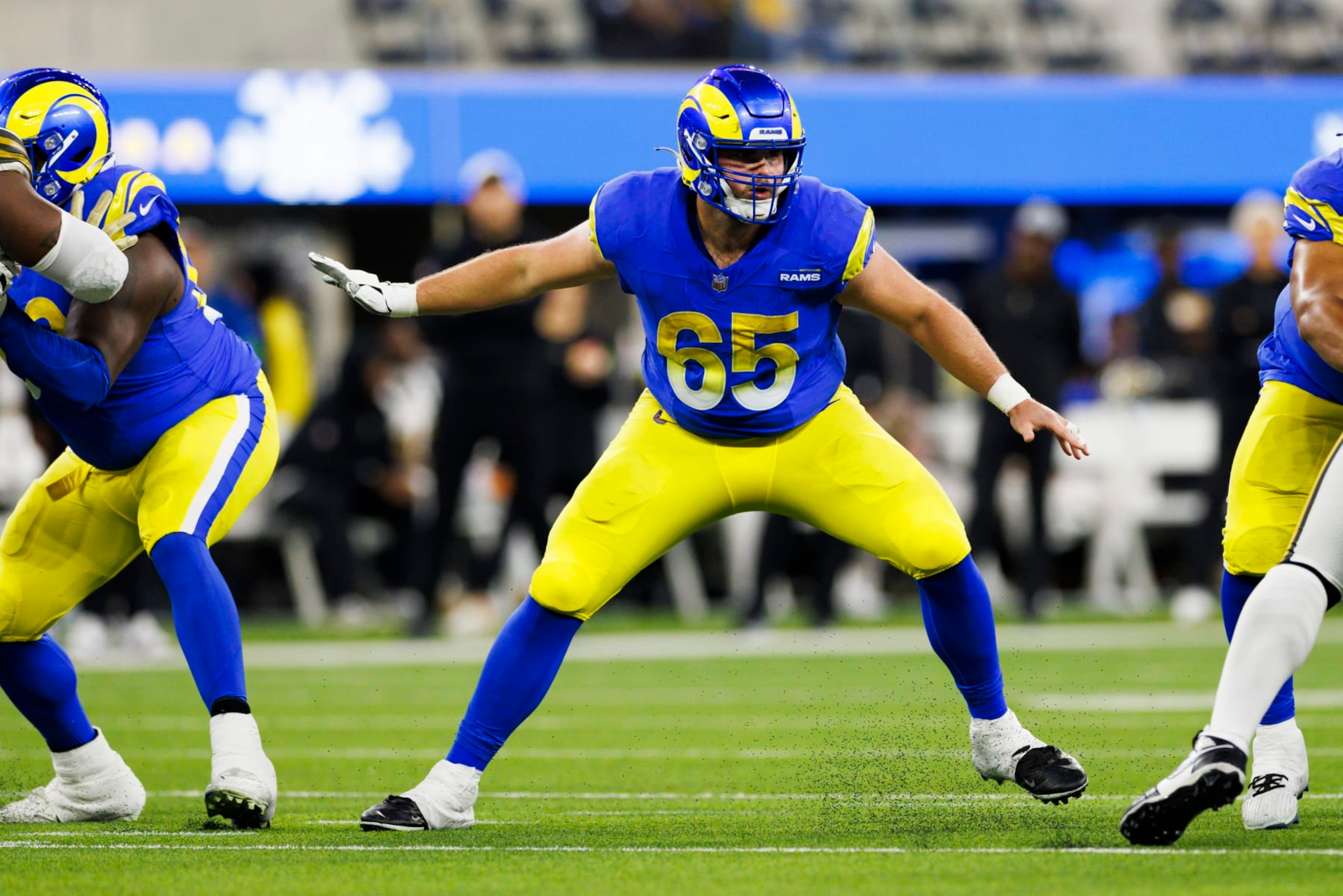 INGLEWOOD, CALIFORNIA - DECEMBER 21: Coleman Shelton #65 of the Los Angeles Rams blocks during a game against the New Orleans Saints at SoFi Stadium on December 21, 2023 in Inglewood, California. (Photo by Ric Tapia/Getty Images) INGLEWOOD, CALIFORNIA - DECEMBER 21: Coleman Shelton #65 of the Los Angeles Rams blocks during a game against the New Orleans Saints at SoFi Stadium on December 21, 2023 in Inglewood, California. (Photo by Ric Tapia/Getty Images)