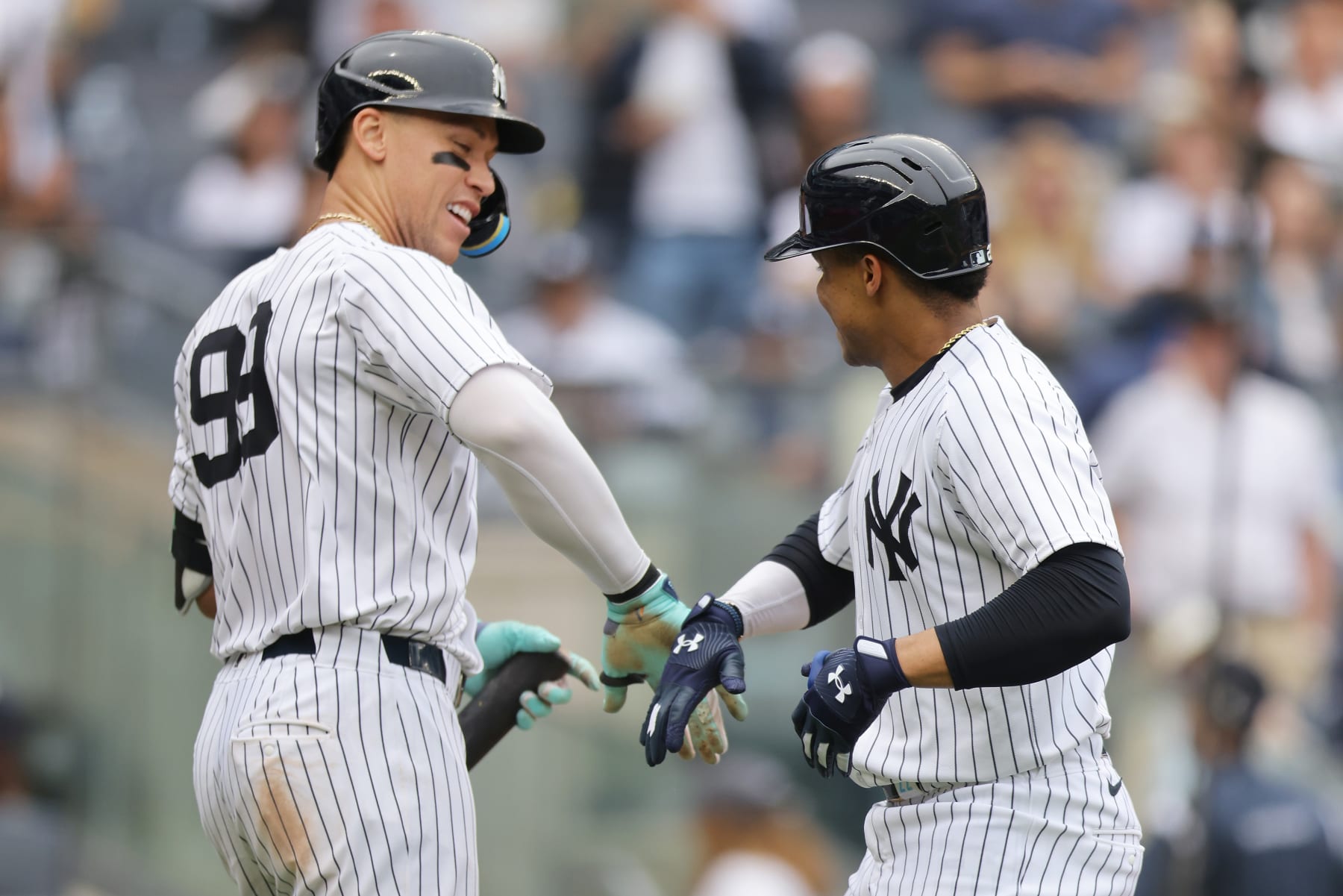 NEW YORK, NEW YORK - MAY 18: Juan Soto #22 of the New York Yankees celebrates with Aaron Judge #99 after hitting a home run in the fifth inning against the Chicago White Sox at Yankee Stadium on May 18, 2024 in New York City. (Photo by Mike Stobe/Getty Images)