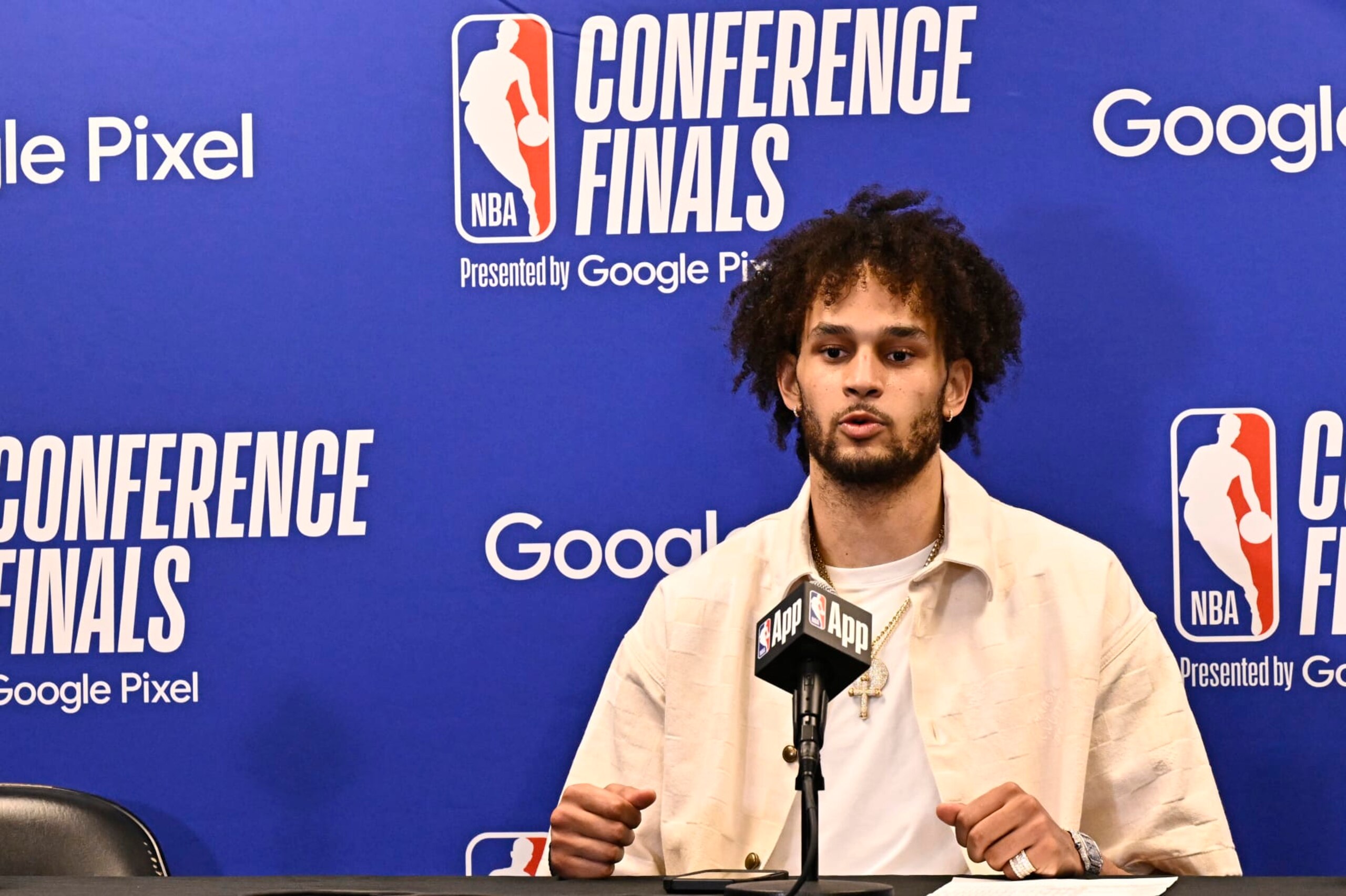 MINNEAPOLIS, MN - MAY 22: Dereck Lively II #2 of the Dallas Mavericks talks to the media during the post game press conference after the game against the Minnesota Timberwolves during Game 1 of the Western Conference Finals of the 2024 NBA Playoffs on May 22, 2024 at Target Center in Minneapolis, Minnesota. NOTE TO USER: User expressly acknowledges and agrees that, by downloading and or using this Photograph, user is consenting to the terms and conditions of the Getty Images License Agreement. Mandatory Copyright Notice: Copyright 2024 NBAE (Photo by David Dow/NBAE via Getty Images) MINNEAPOLIS, MN - MAY 22: Dereck Lively II #2 of the Dallas Mavericks talks to the media during the post game press conference after the game against the Minnesota Timberwolves during Game 1 of the Western Conference Finals of the 2024 NBA Playoffs on May 22, 2024 at Target Center in Minneapolis, Minnesota. NOTE TO USER: User expressly acknowledges and agrees that, by downloading and or using this Photograph, user is consenting to the terms and conditions of the Getty Images License Agreement. Mandatory Copyright Notice: Copyright 2024 NBAE (Photo by David Dow/NBAE via Getty Images)