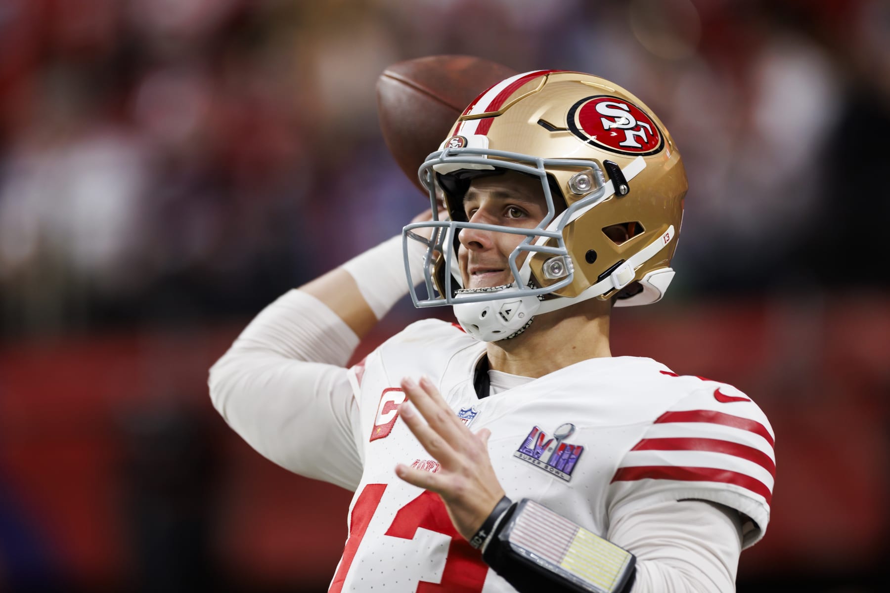 LAS VEGAS, NEVADA - FEBRUARY 11: Brock Purdy #13 of the San Francisco 49ers looks to throw a pass on the sideline before Super Bowl LVIII against the Kansas City Chiefs at Allegiant Stadium on February 11, 2024 in Las Vegas, Nevada. (Photo by Ryan Kang/Getty Images)