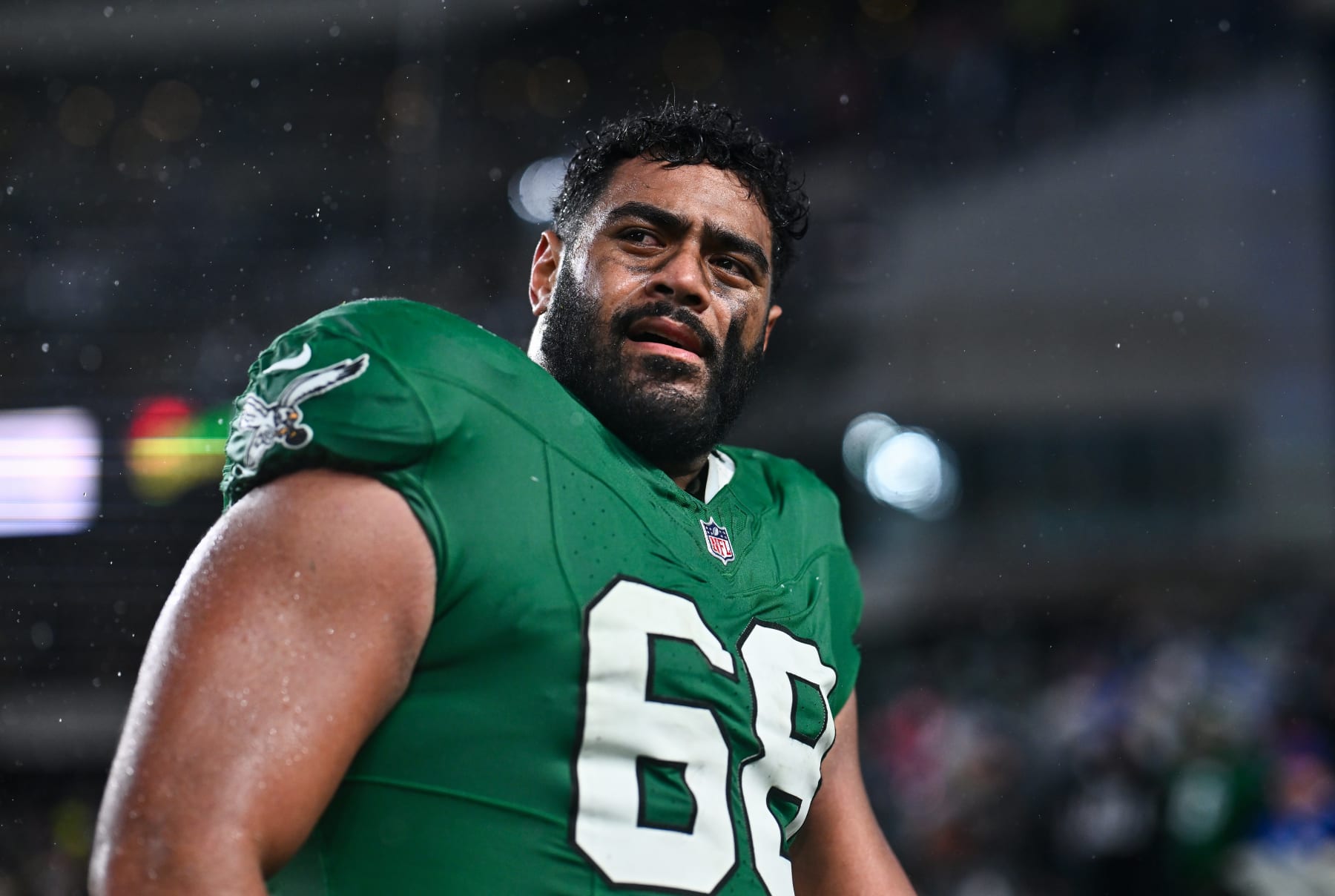 PHILADELPHIA, PA - NOVEMBER 26: Philadelphia Eagles Offensive Tackle Jordan Mailata (68) reacts after the game between the Buffalo Bills and Philadelphia Eagles on November 26, 2023 at Lincoln Financial Field in Philadelphia, PA. (Photo by Kyle Ross/Icon Sportswire via Getty Images)