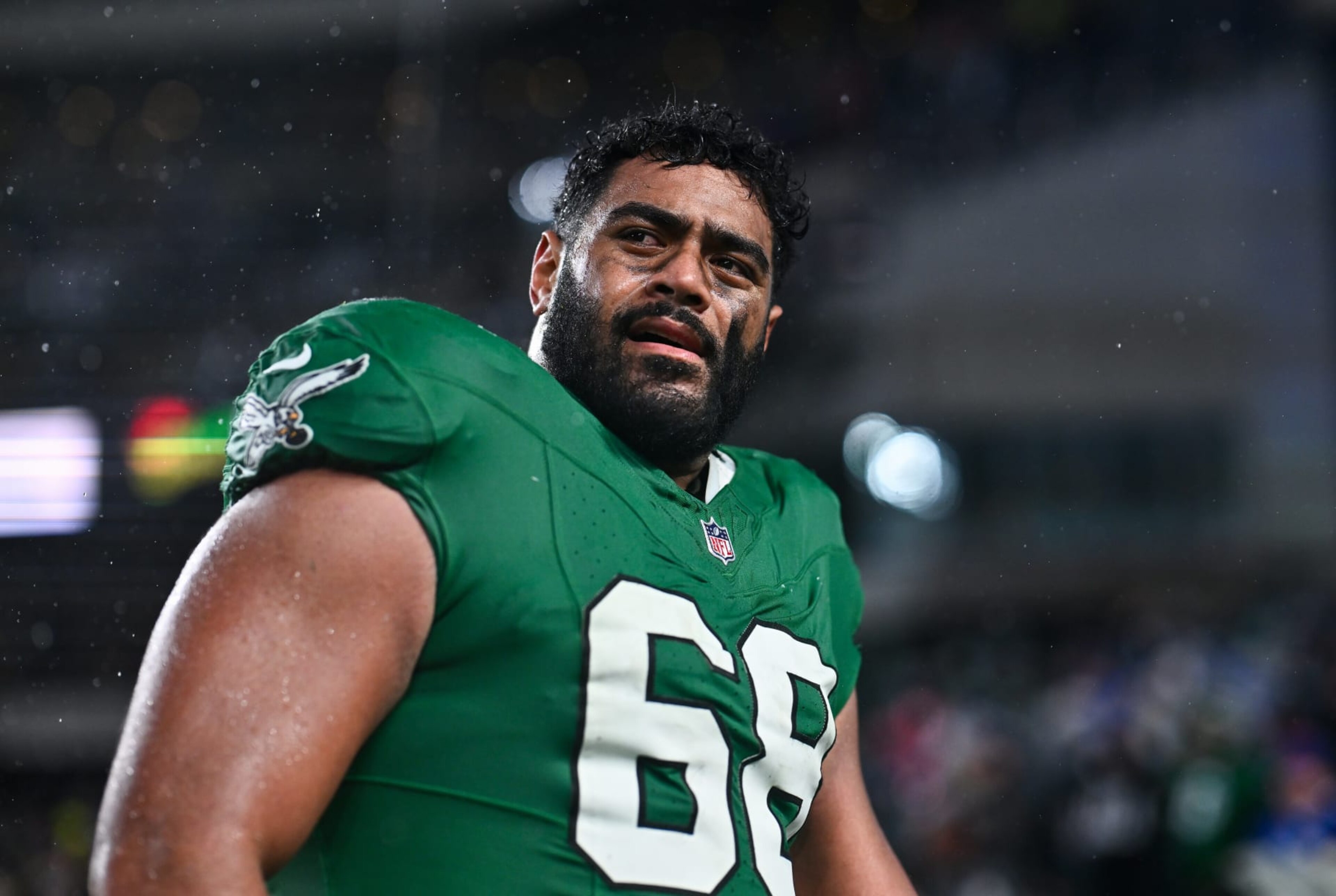 PHILADELPHIA, PA - NOVEMBER 26: Philadelphia Eagles Offensive Tackle Jordan Mailata (68) reacts after the game between the Buffalo Bills and Philadelphia Eagles on November 26, 2023 at Lincoln Financial Field in Philadelphia, PA. (Photo by Kyle Ross/Icon Sportswire via Getty Images)