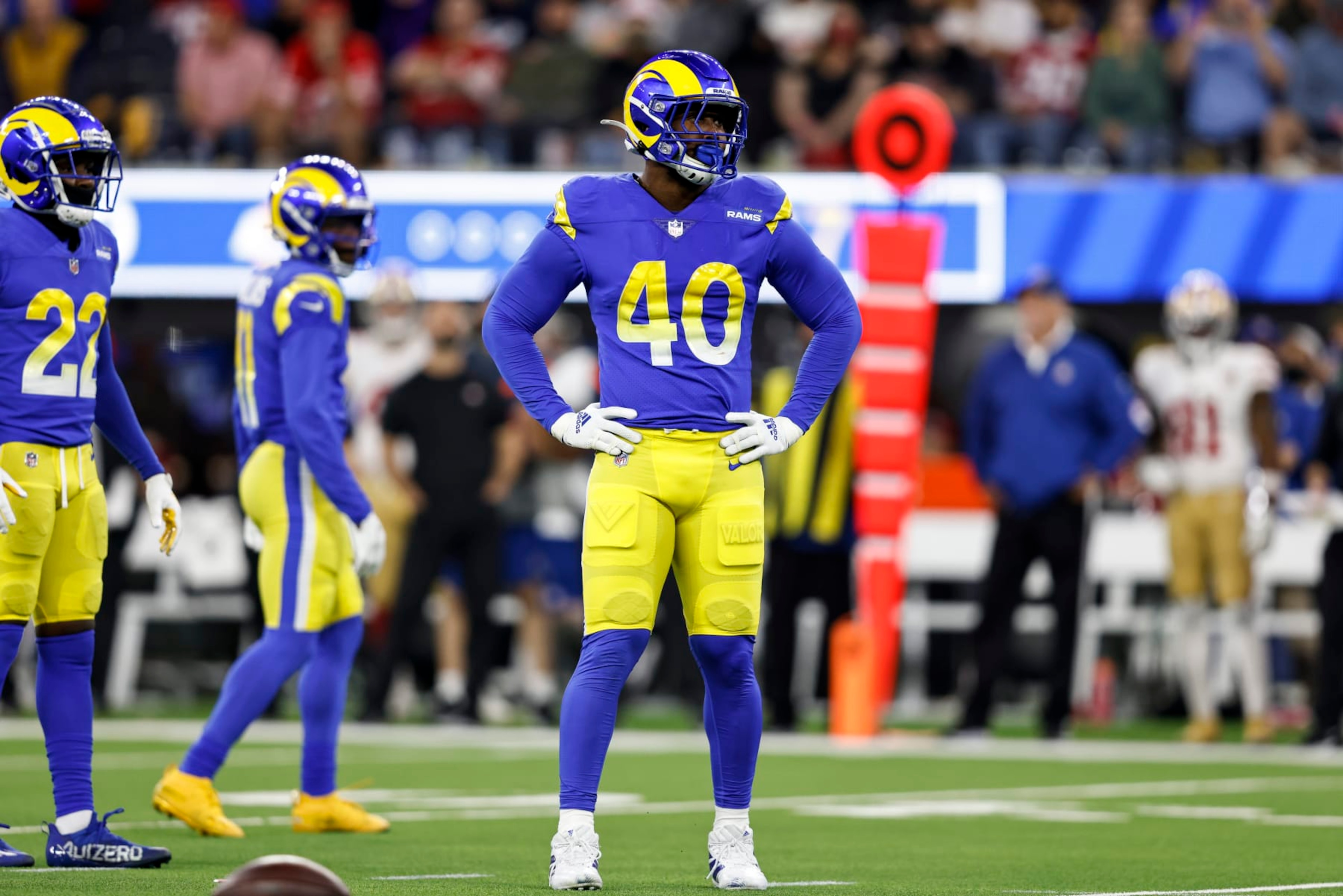 INGLEWOOD, CALIFORNIA - JANUARY 30: Von Miller #40 of the Los Angeles Rams looks on against the San Francisco 49ers during the NFC Championship NFL football game at SoFi Stadium on January 30, 2022 in Inglewood, California. The Rams won 20-17 to advance to the Super Bowl. (Photo by Michael Owens/Getty Images) INGLEWOOD, CALIFORNIA - JANUARY 30: Von Miller #40 of the Los Angeles Rams looks on against the San Francisco 49ers during the NFC Championship NFL football game at SoFi Stadium on January 30, 2022 in Inglewood, California. The Rams won 20-17 to advance to the Super Bowl. (Photo by Michael Owens/Getty Images)