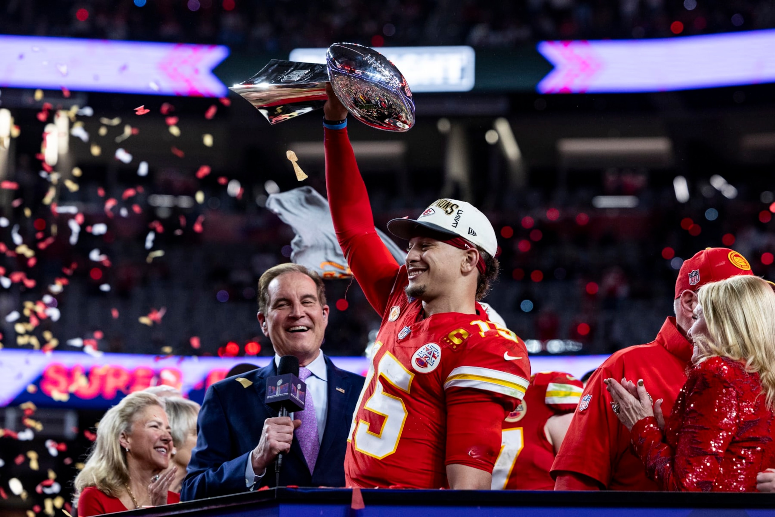 LAS VEGAS, NEVADA - FEBRUARY 11: Patrick Mahomes #15 of the Kansas City Chiefs celebrates after winning Super Bowl LVIII against the San Francisco 49ers at Allegiant Stadium on Sunday, February 11, 2024 in Las Vegas, Nevada. (Photo by Lauren Leigh Bacho/Getty Images)